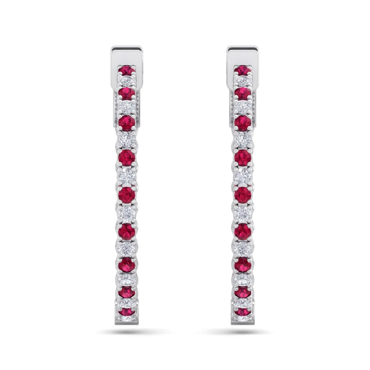 1 Carat Ruby And Diamond Hoop Earrings In 14 Karat White Gold, 3/4 Inch