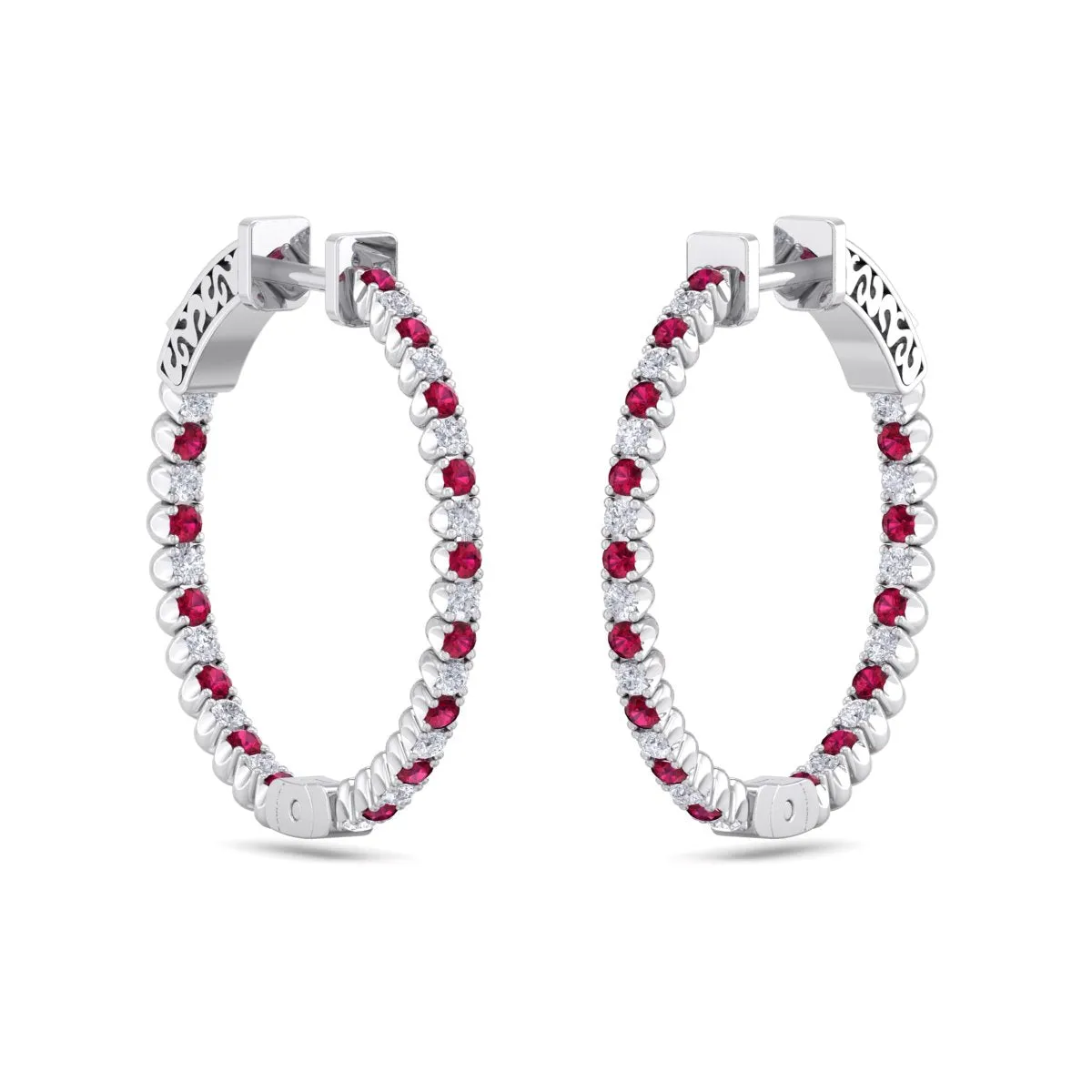 1 Carat Ruby And Diamond Hoop Earrings In 14 Karat White Gold, 3/4 Inch