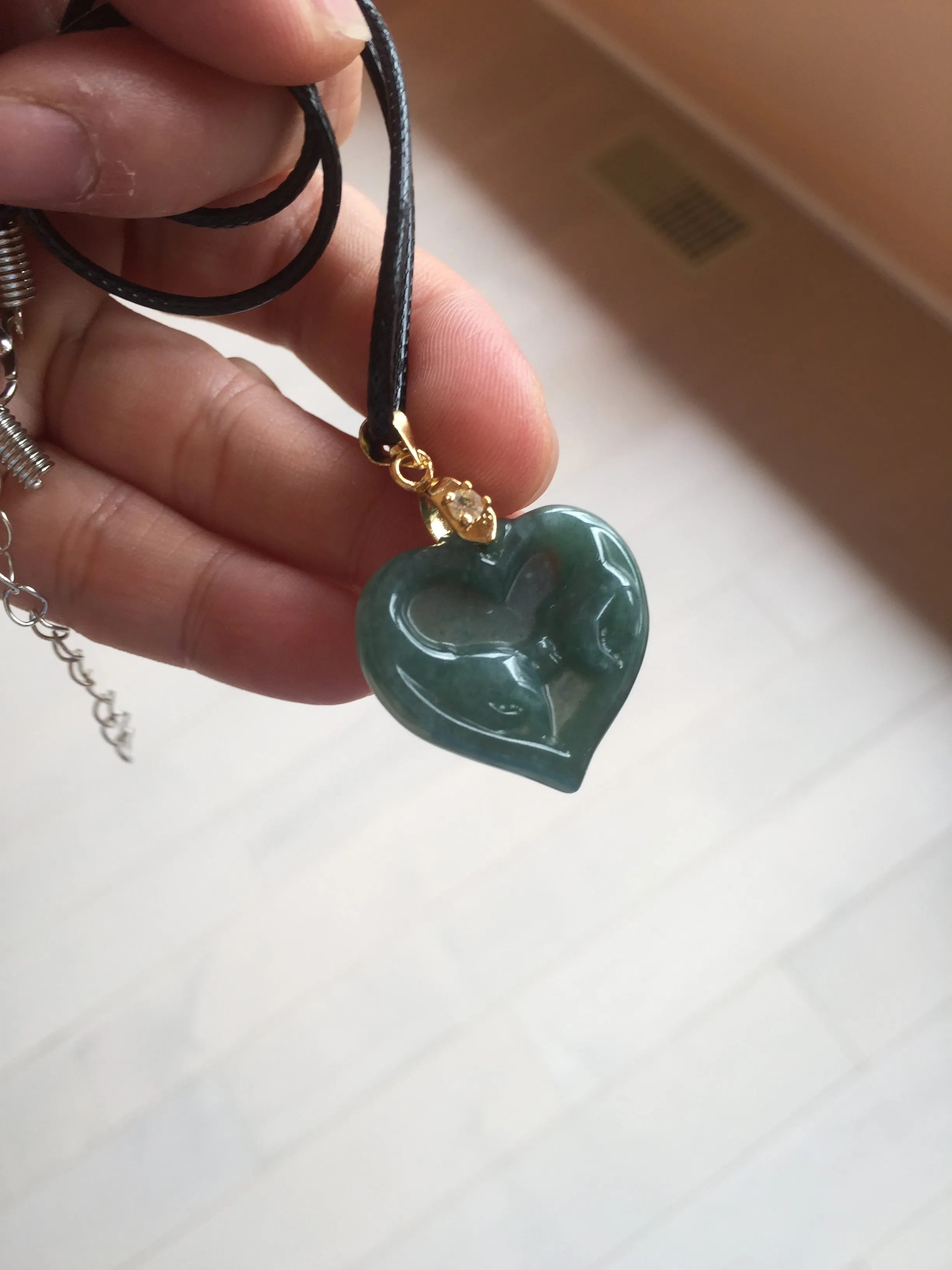 100% Natural type A dark green/blue/black heart pinky promise(执子之手，与子偕老) Guatemala jadeite Jade pendant AX143