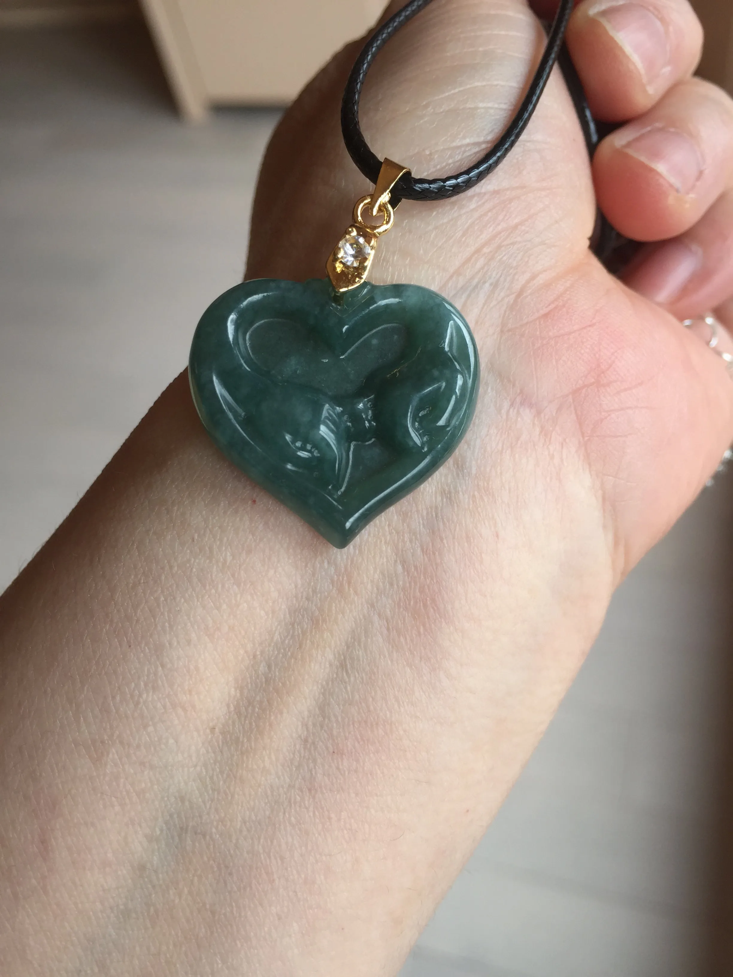 100% Natural type A dark green/blue/black heart pinky promise(执子之手，与子偕老) Guatemala jadeite Jade pendant AX143