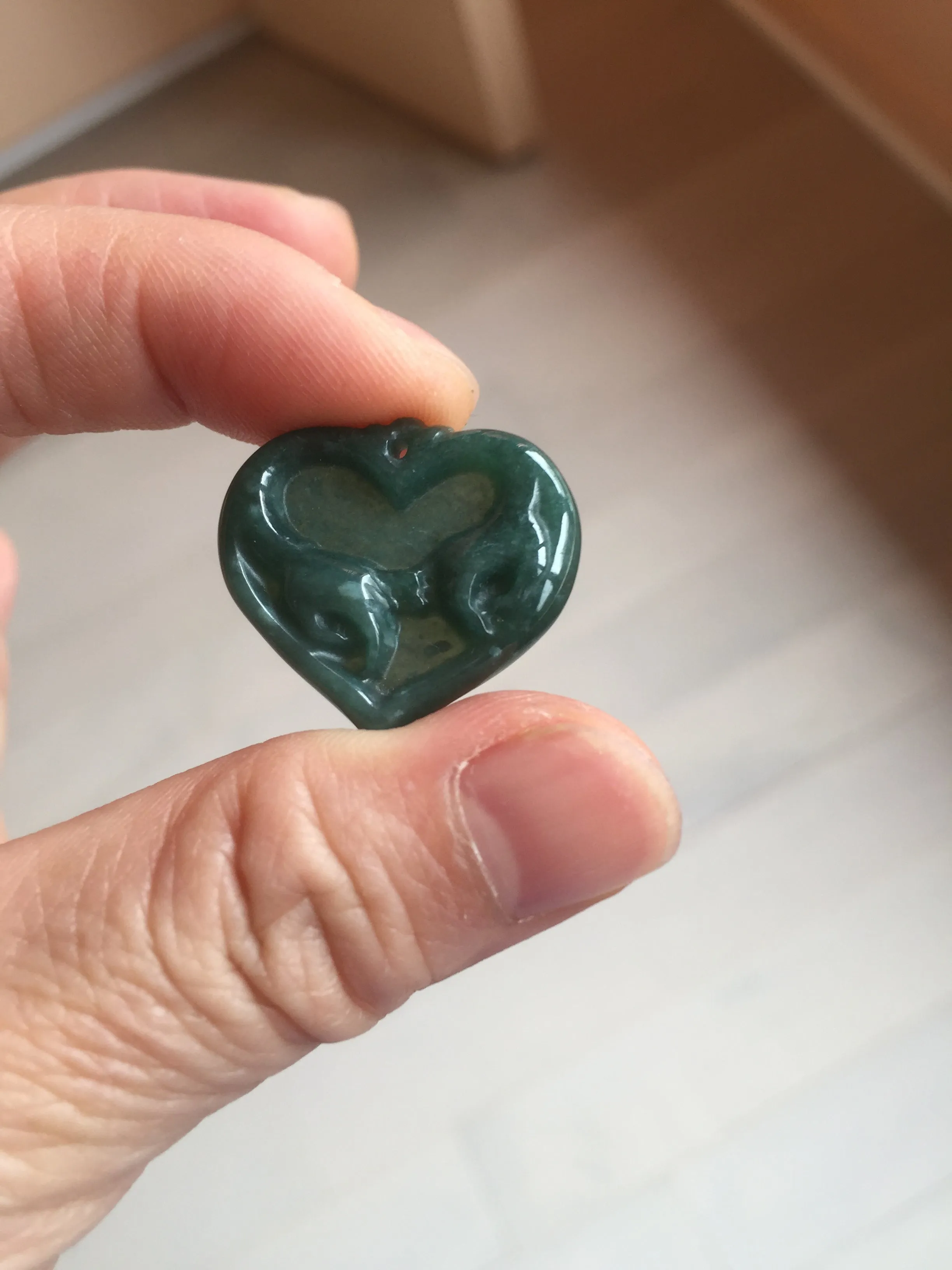 100% Natural type A dark green/blue/black heart pinky promise(执子之手，与子偕老) Guatemala jadeite Jade pendant AX143