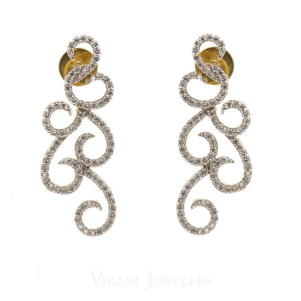 1.23CT Diamond Drop Filigree Earrings Set In 18K White Gold W/ Screw Back Post