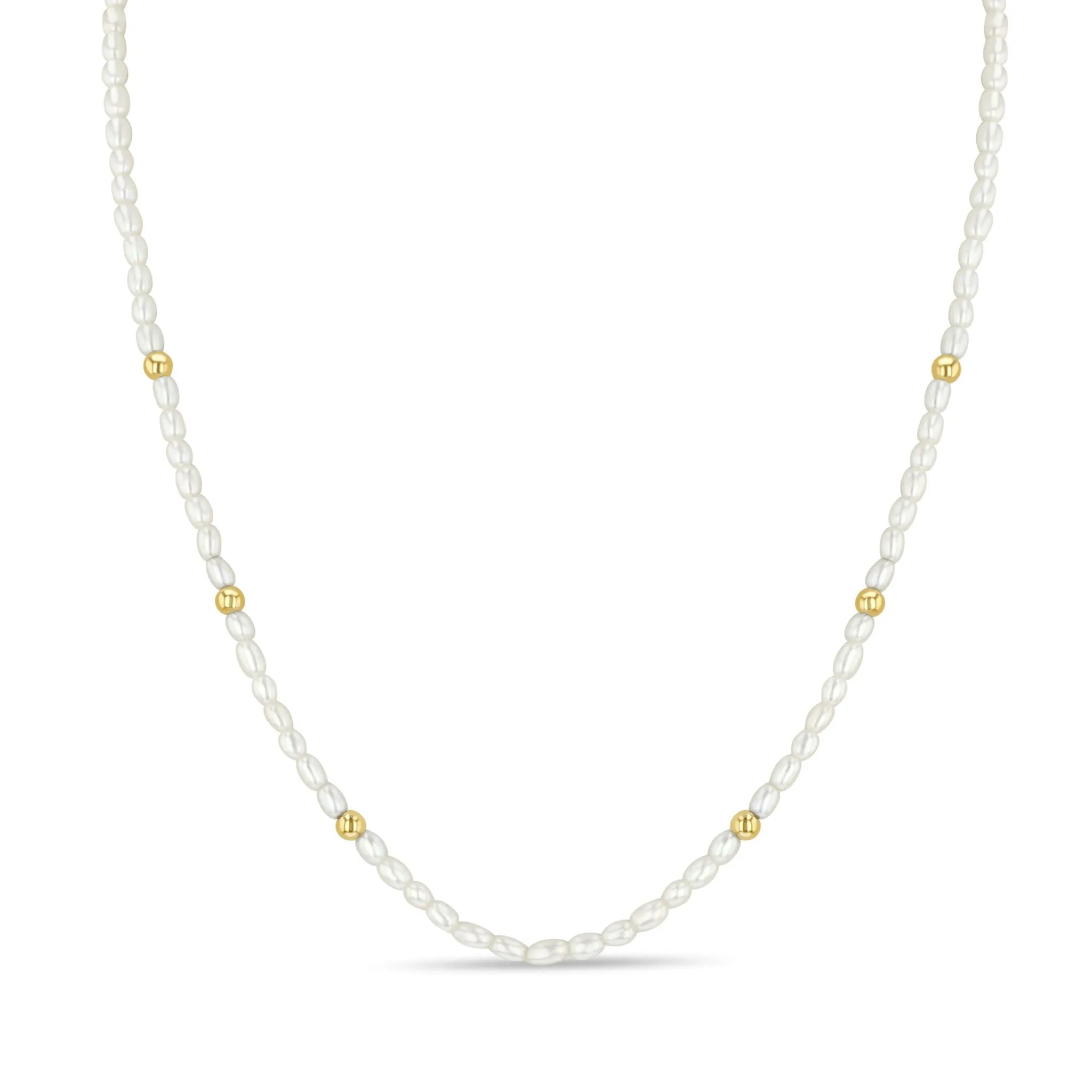 14k 6 Gold Bead Station Rice Pearl Necklace