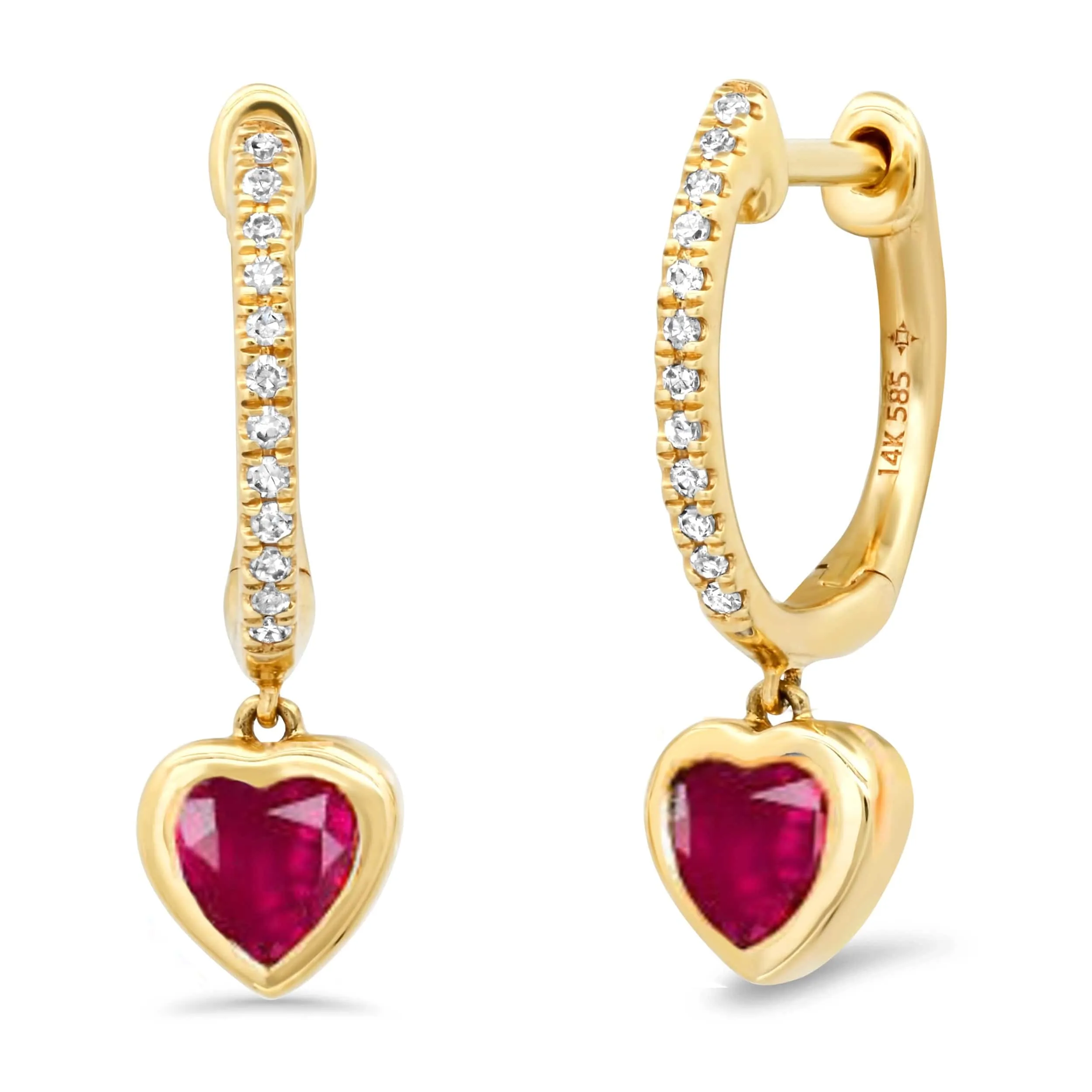 14K Gold Drop Hoop Earrings with Diamond-Encrusted Ruby Heart