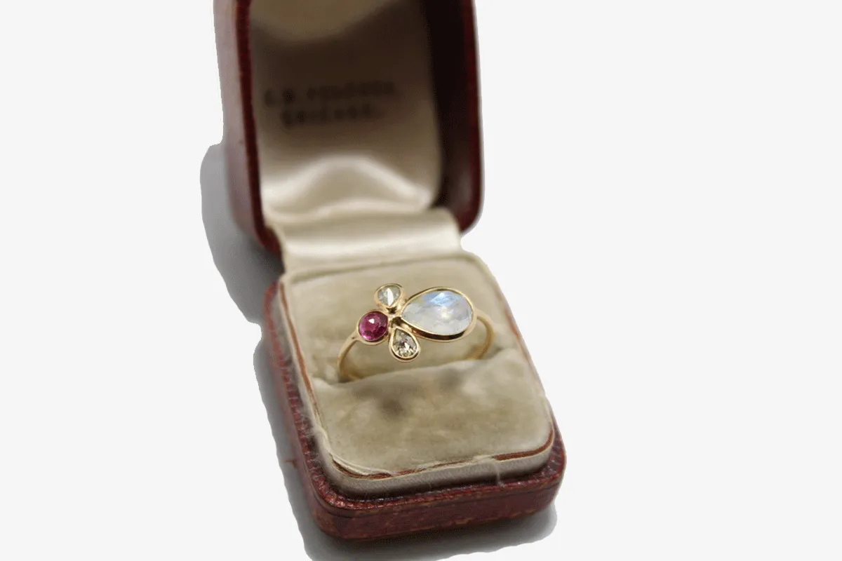  14k Gold Moonstone, Ruby   Diamond Ring 