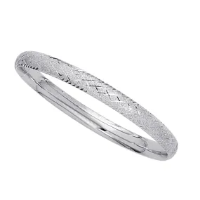 14k White Gold Sparkle And Diamond Shape Pattern Bangle Bracelet, 7