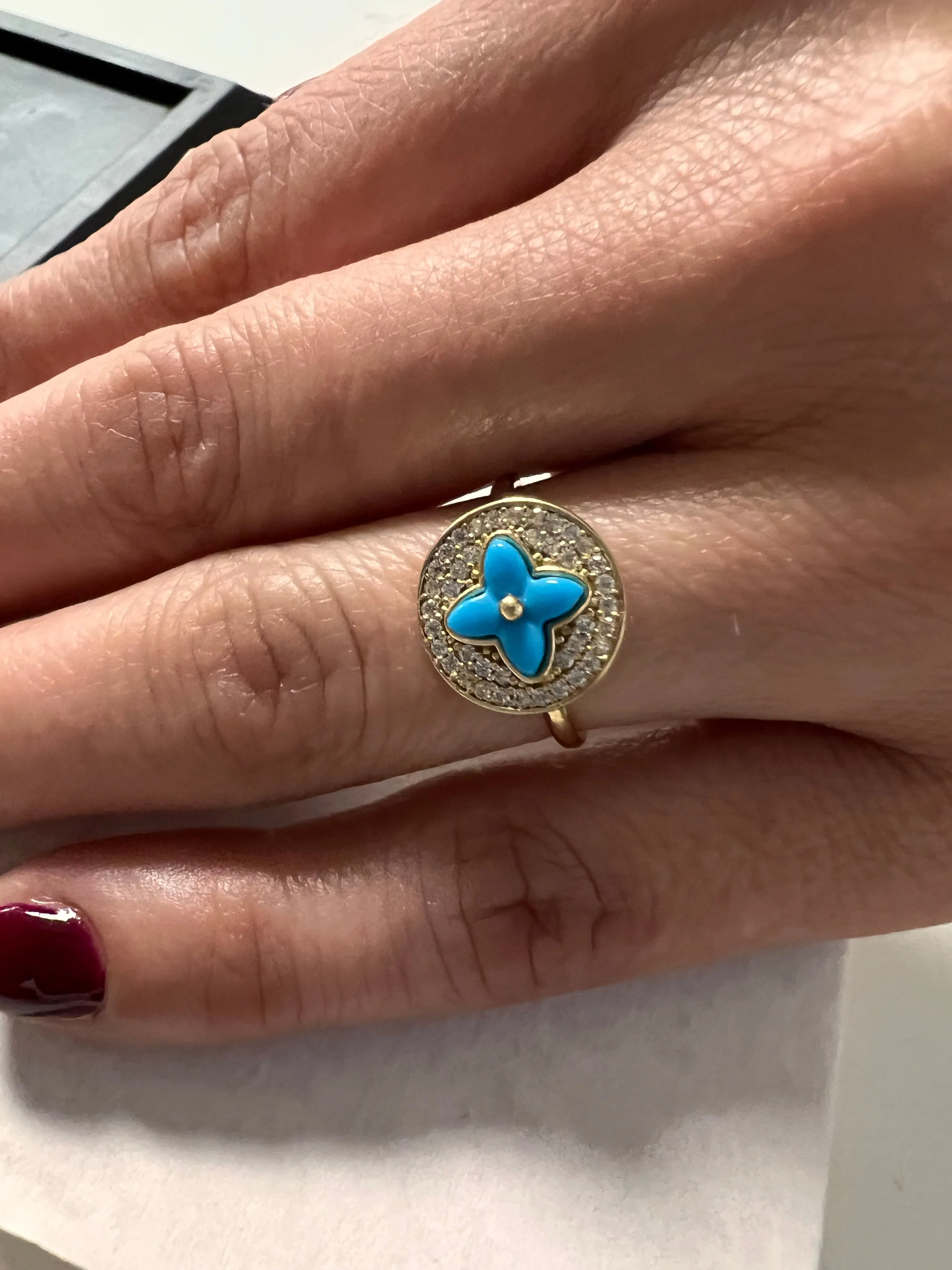 14K Yellow gold turquoise clover ring-227073