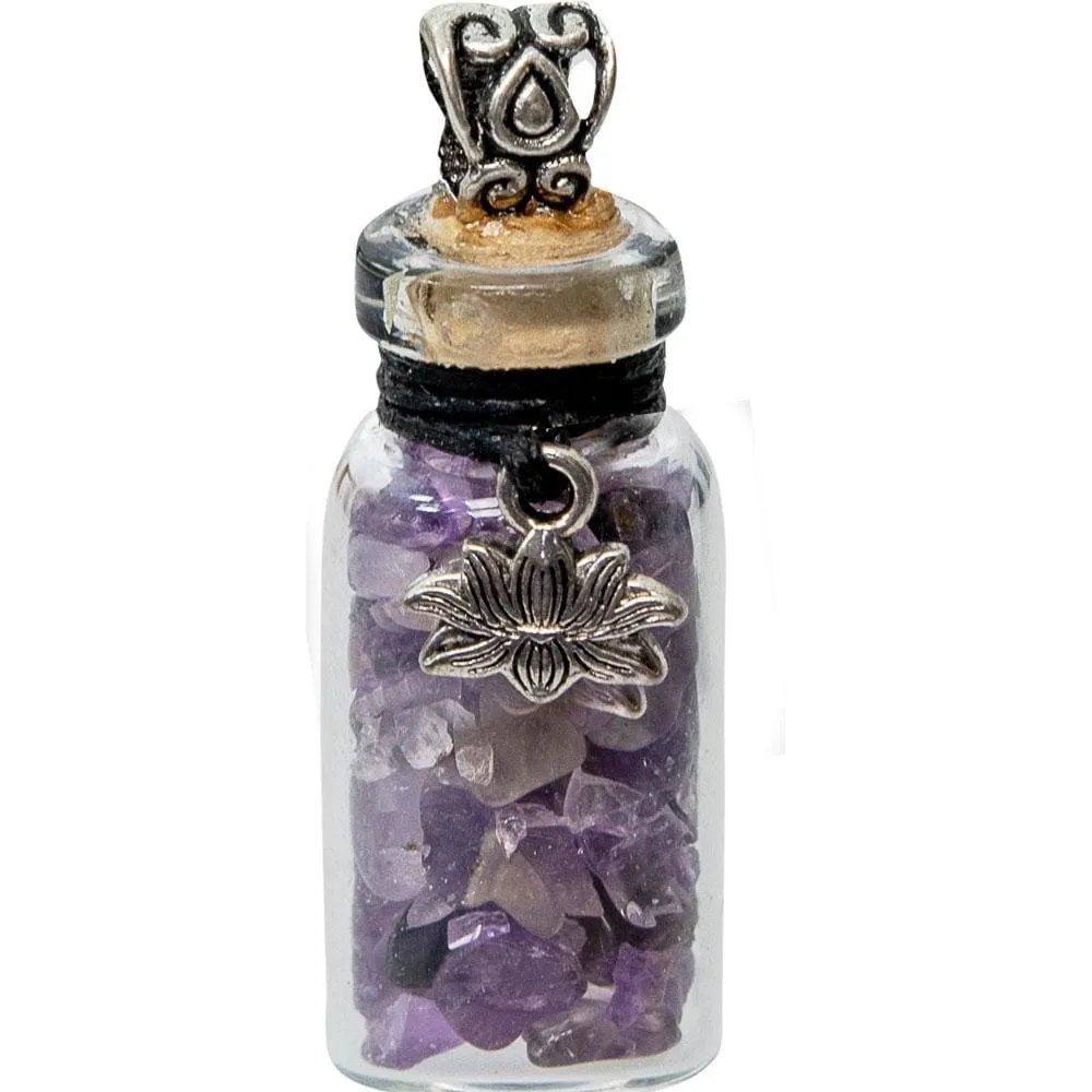 1.75" Gemstone Chip Bottle Necklace - Amethyst with Lotus