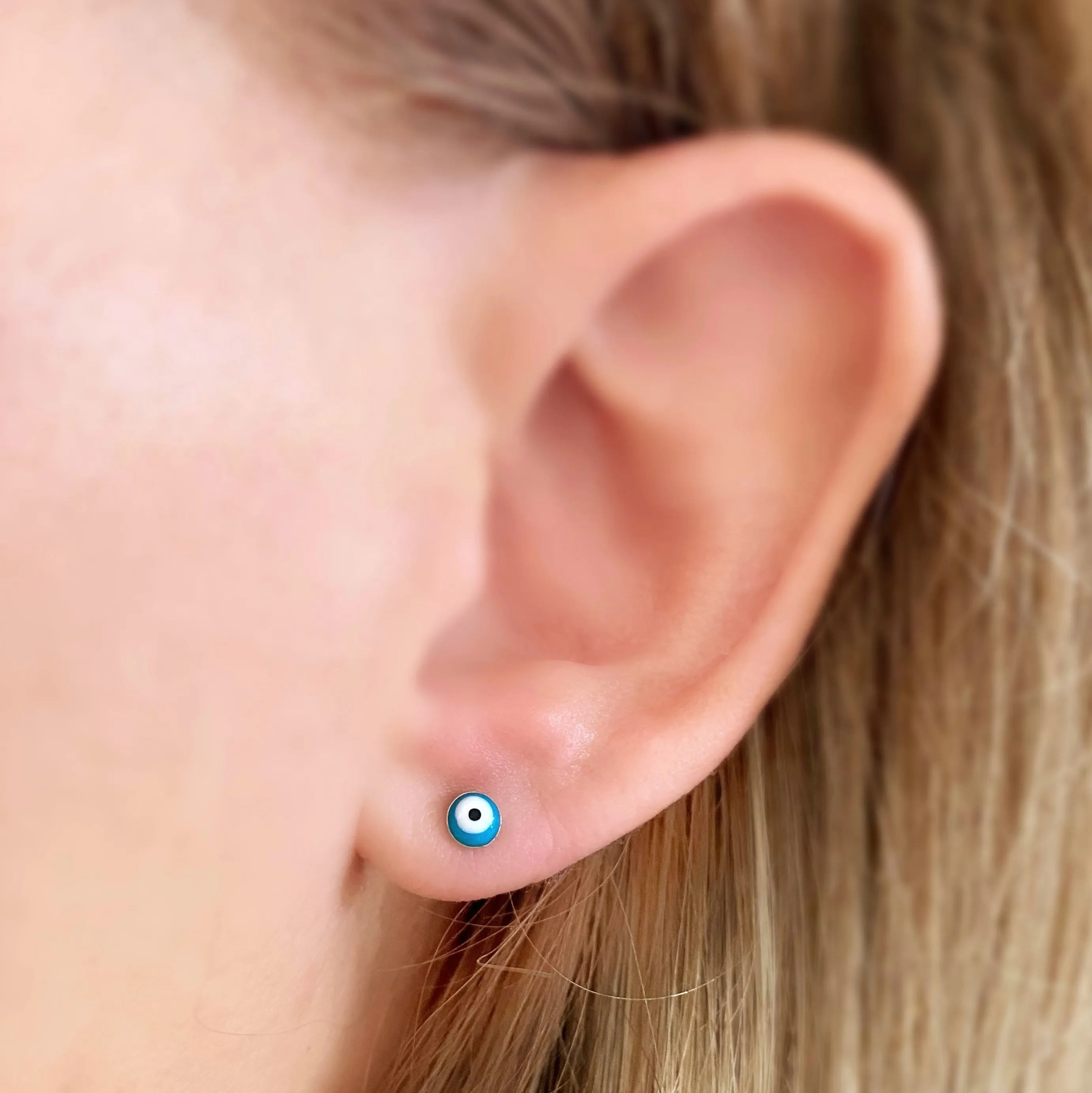 18k Gold Filled Tiny Aqua Evil Eye Stud Earrings