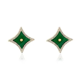 18K Solid Yellow Gold 5.241 Ctw Malachite Sparkle Shape Stud Earrings