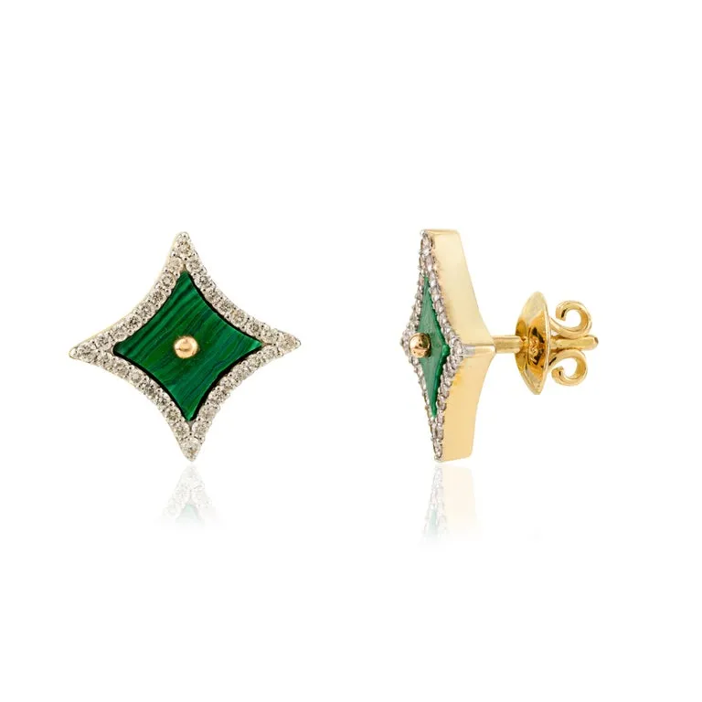 18K Solid Yellow Gold 5.241 Ctw Malachite Sparkle Shape Stud Earrings