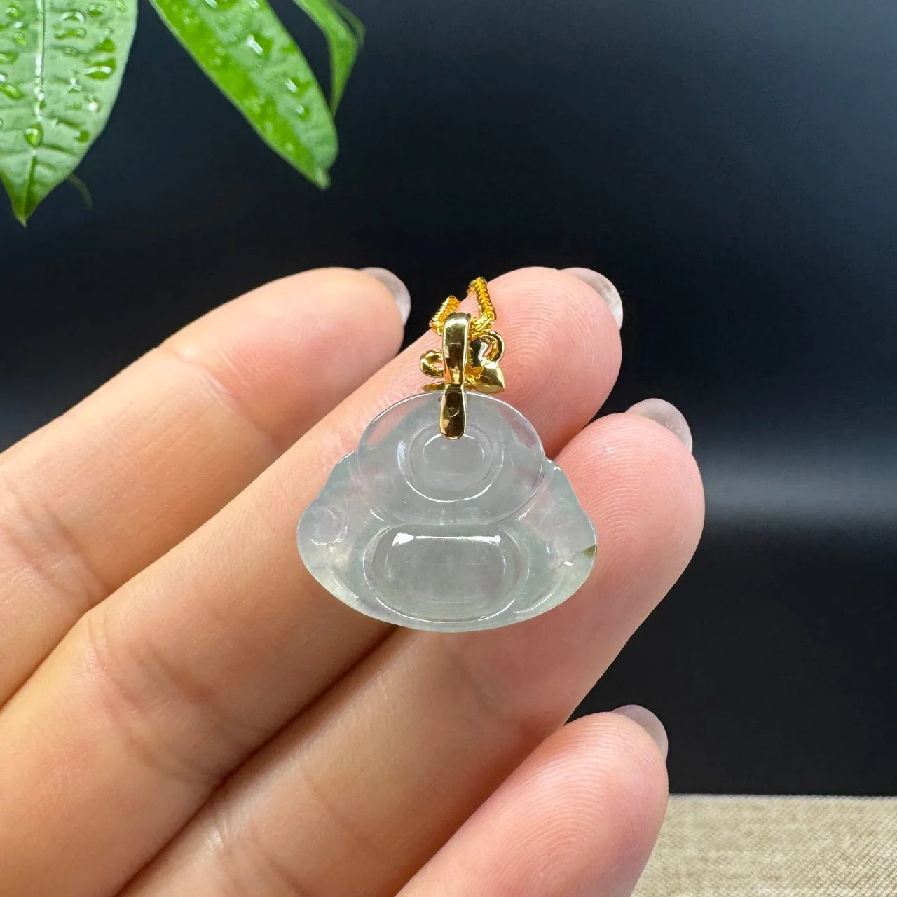 18K Yellow Gold Burmese Icy Jadeite Jade Happy Buddha Pendant