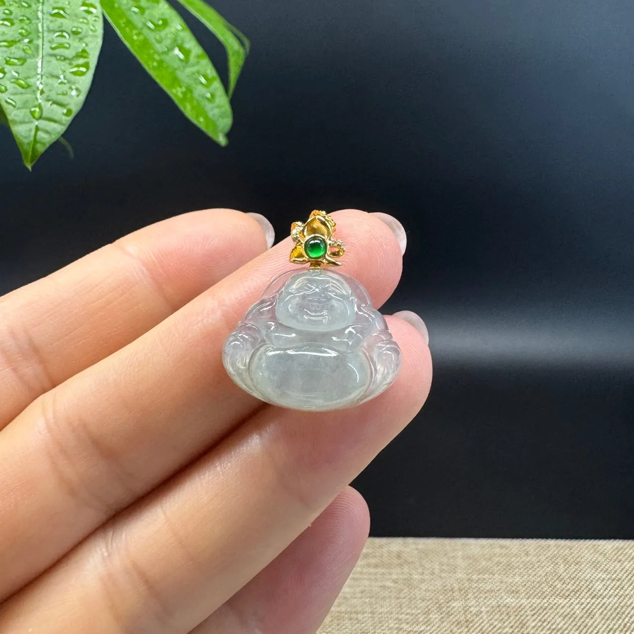 18K Yellow Gold Burmese Icy Jadeite Jade Happy Buddha Pendant