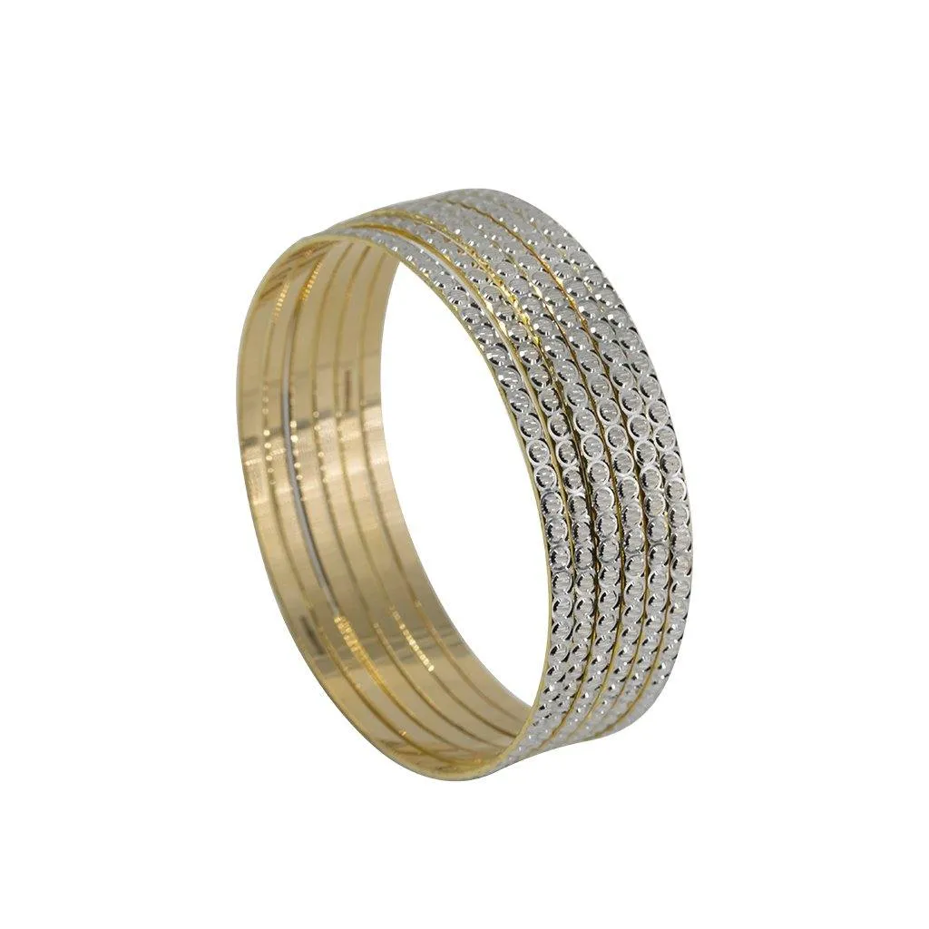 22K Multi Tone Gold Bangles, Set of 6 W/ Circle Textured Design, Size 2.5