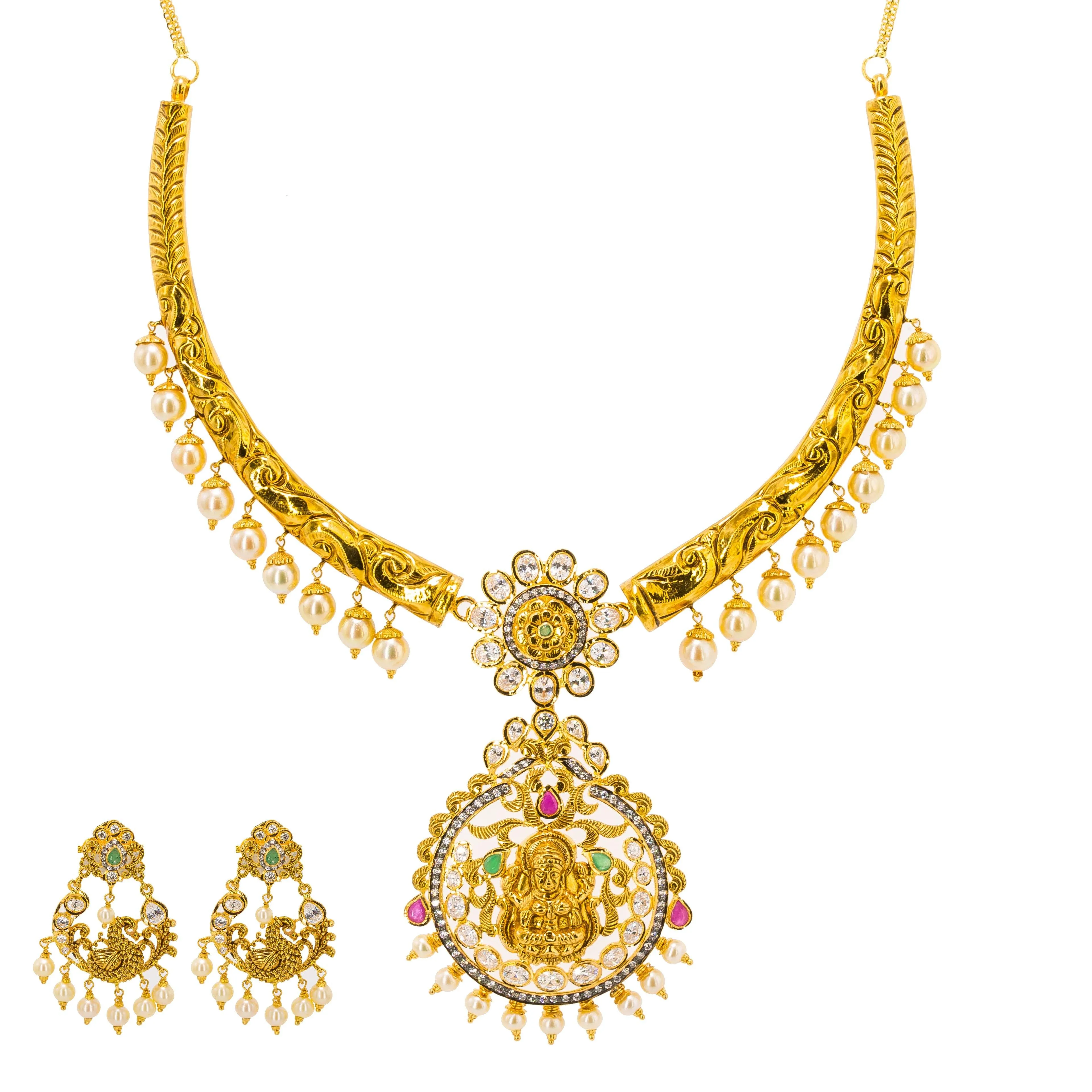 22K Yellow Gold Hasdi Paachi Necklace & Chandbali Earring Set W/ Rubies, Emeralds, CZ Gems & Pearls