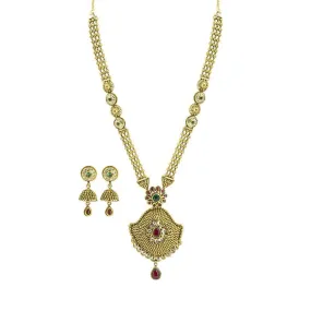 22K Yellow Gold Necklace & Jhumki Earrings Set W/ Kundan & Beaded Three Strand Necklace