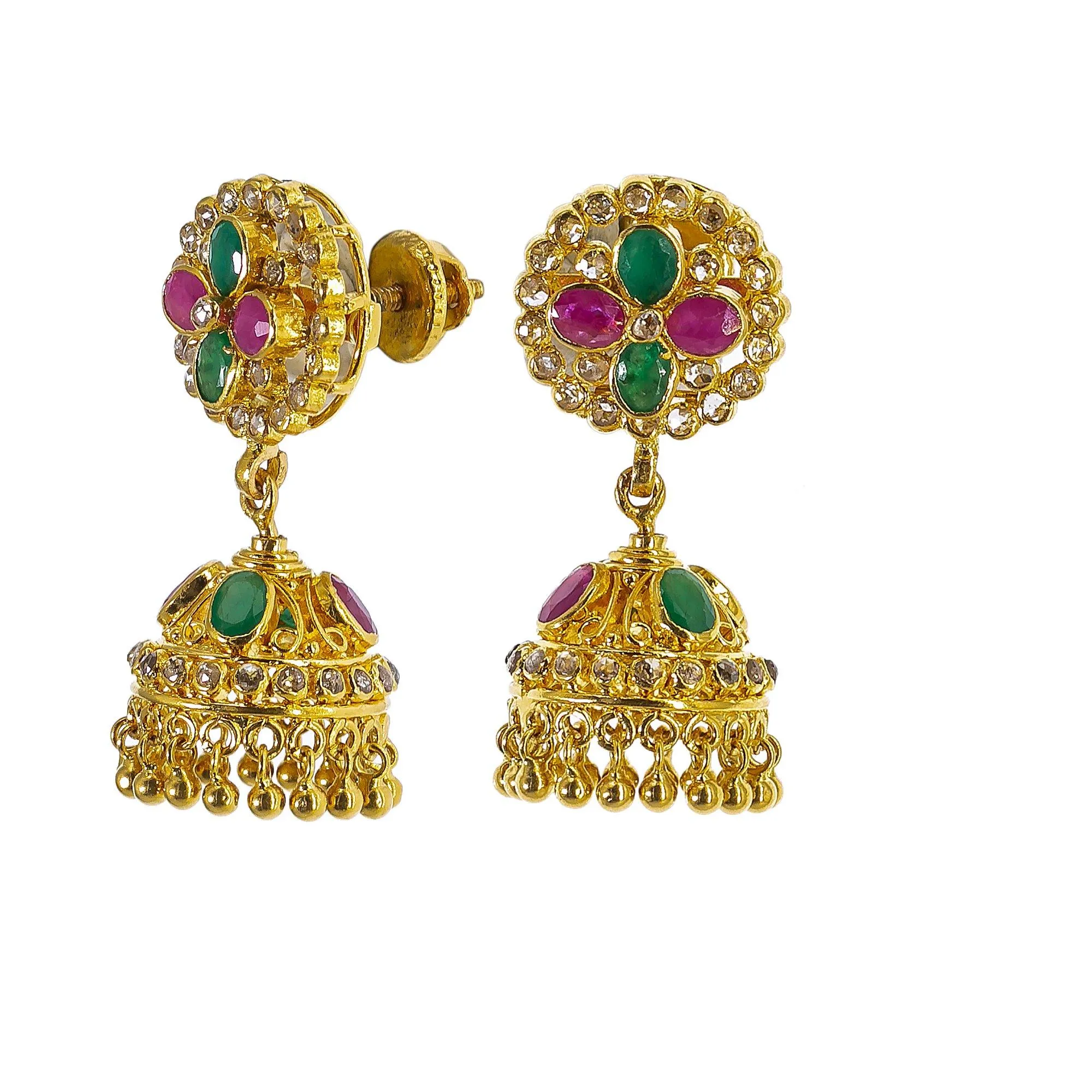 22K Yellow Gold Uncut Diamond Jhumki Earrings W/1.21ct Uncut Diamonds, Emeralds & Rubies