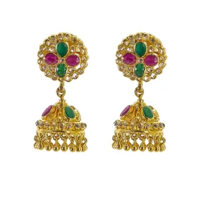 22K Yellow Gold Uncut Diamond Jhumki Earrings W/1.21ct Uncut Diamonds, Emeralds & Rubies