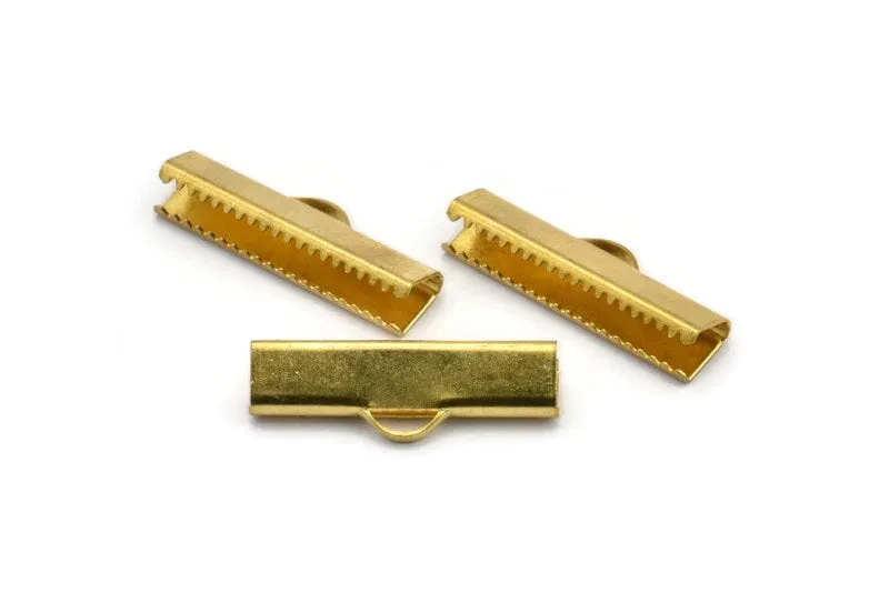 25mm Choker End, 20 Raw Brass Ribbon Crimp Ends With Loop, Findings (25x6mm) A0040