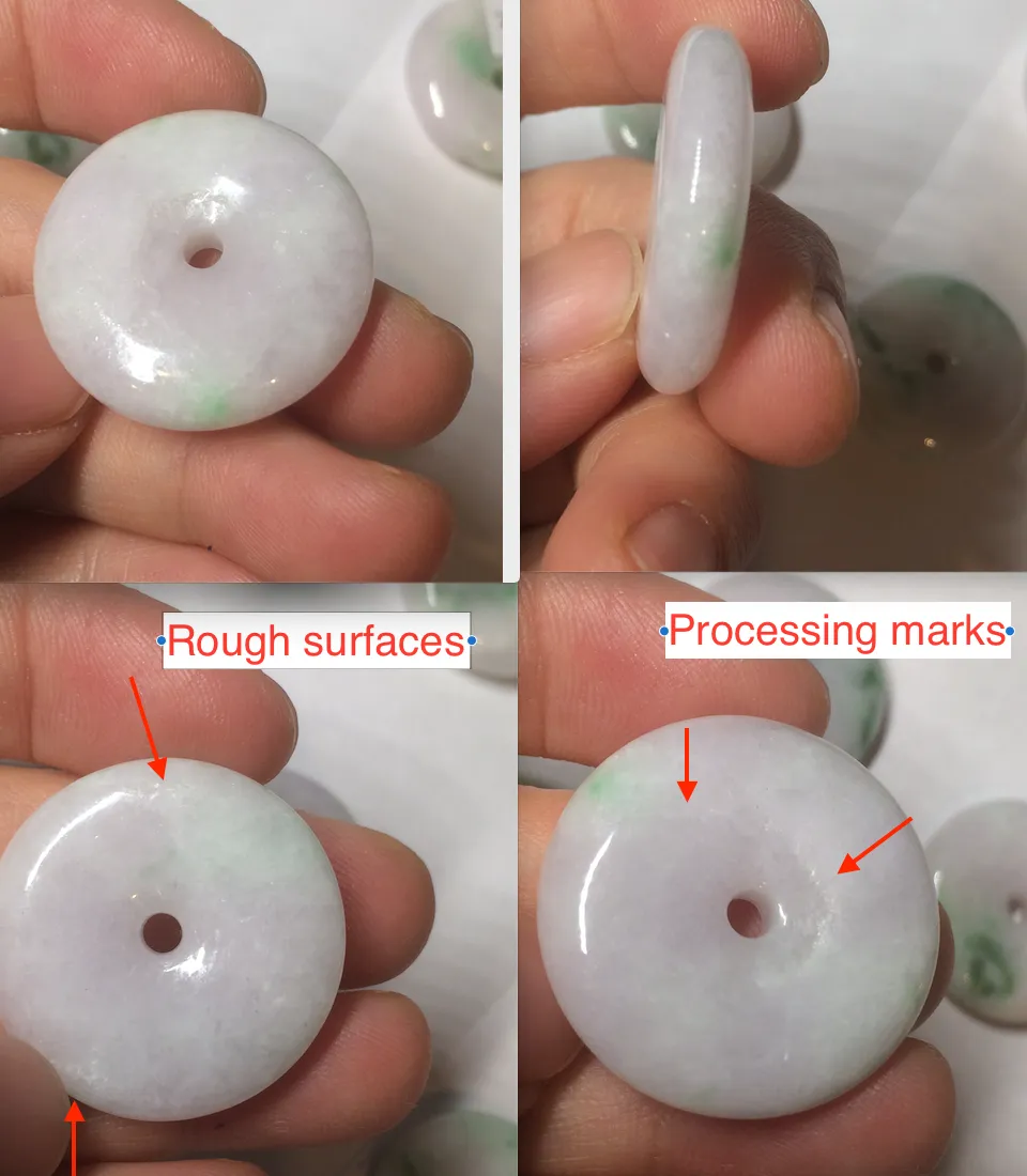 27-30mm 100% Natural green/purple with sunny green floating flowers jadeite Jade Safety Guardian Button(donut) Pendant/worry stone BF92