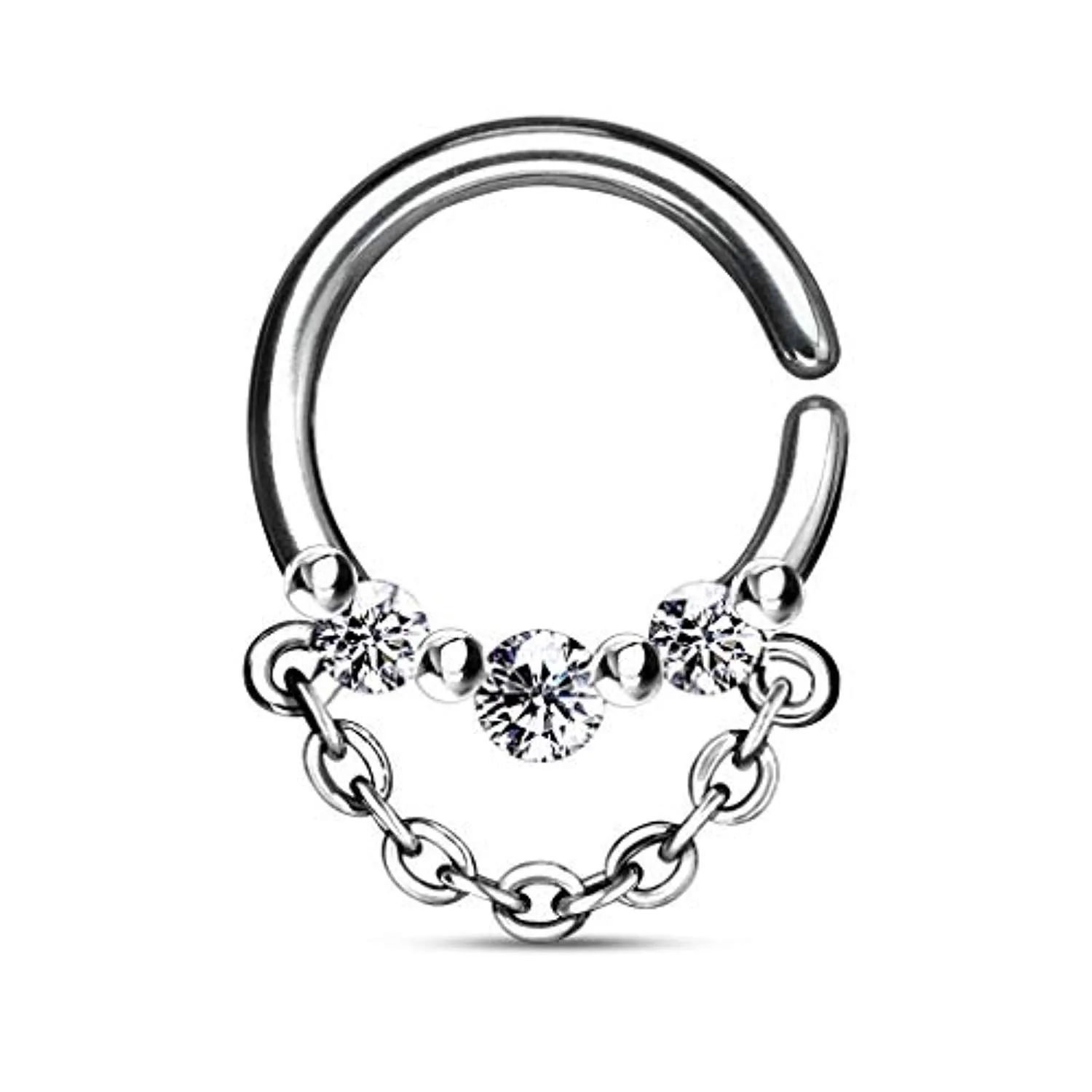 3 CZ with Chain Dangle 316L Surgical Steel WildKlass Bendable Septum/Cartilage Hoop Ring