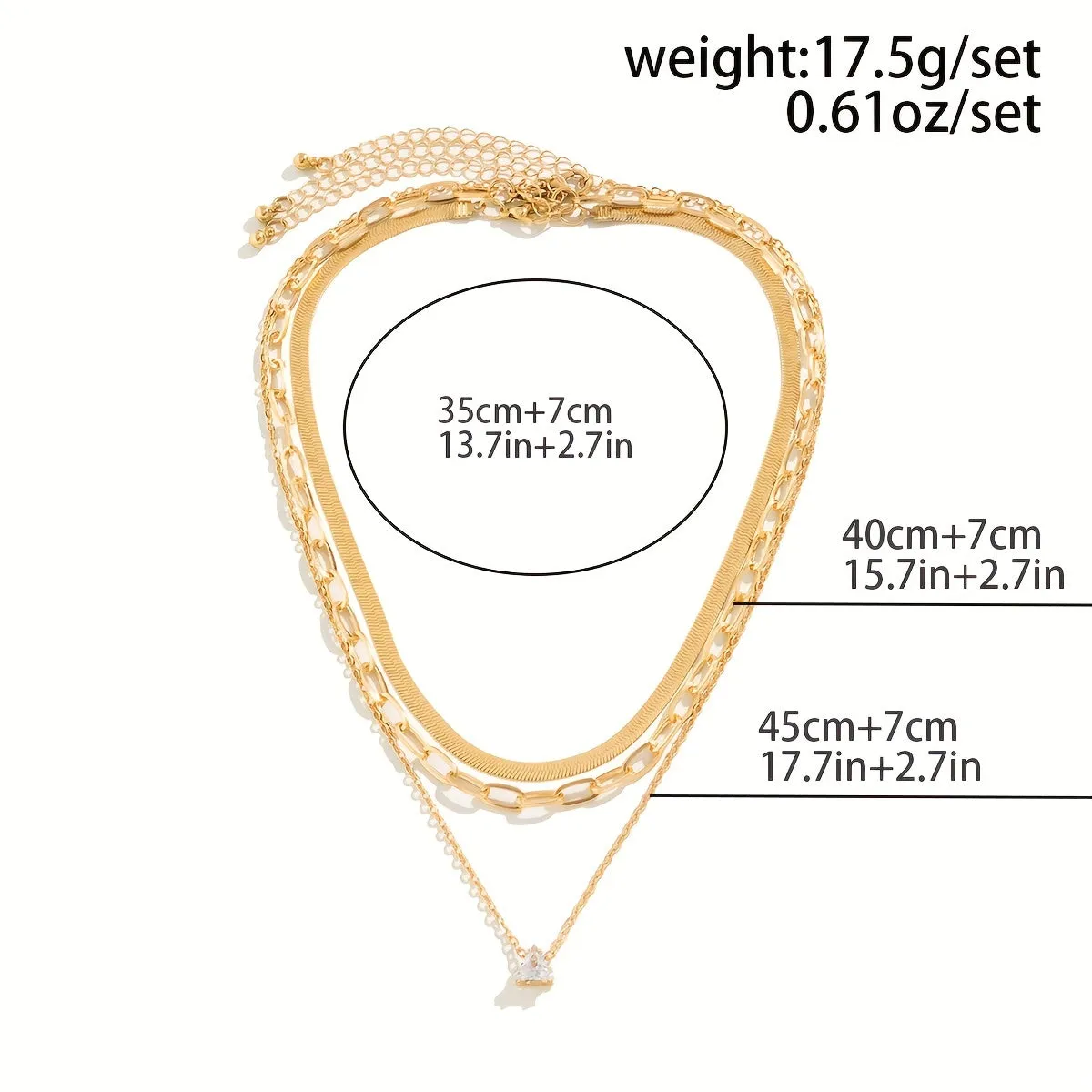 3pcs/Set Vintage Inlaid Zircon Love Triangle Pendant Flat Snake Copper Chain Multi-piece Necklace