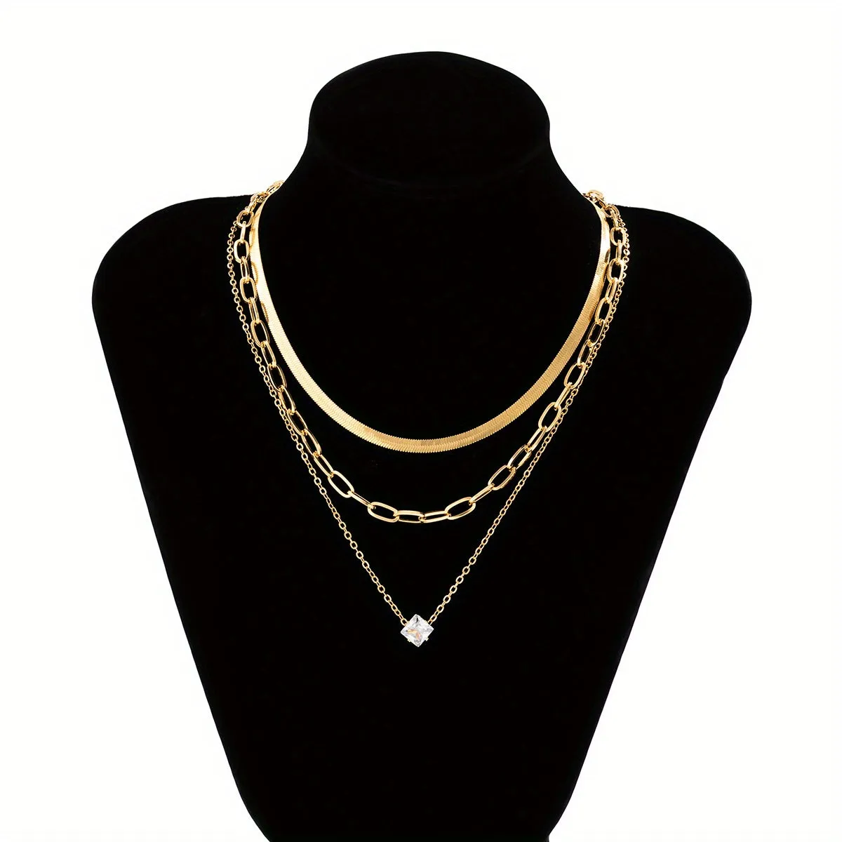 3pcs/Set Vintage Inlaid Zircon Love Triangle Pendant Flat Snake Copper Chain Multi-piece Necklace