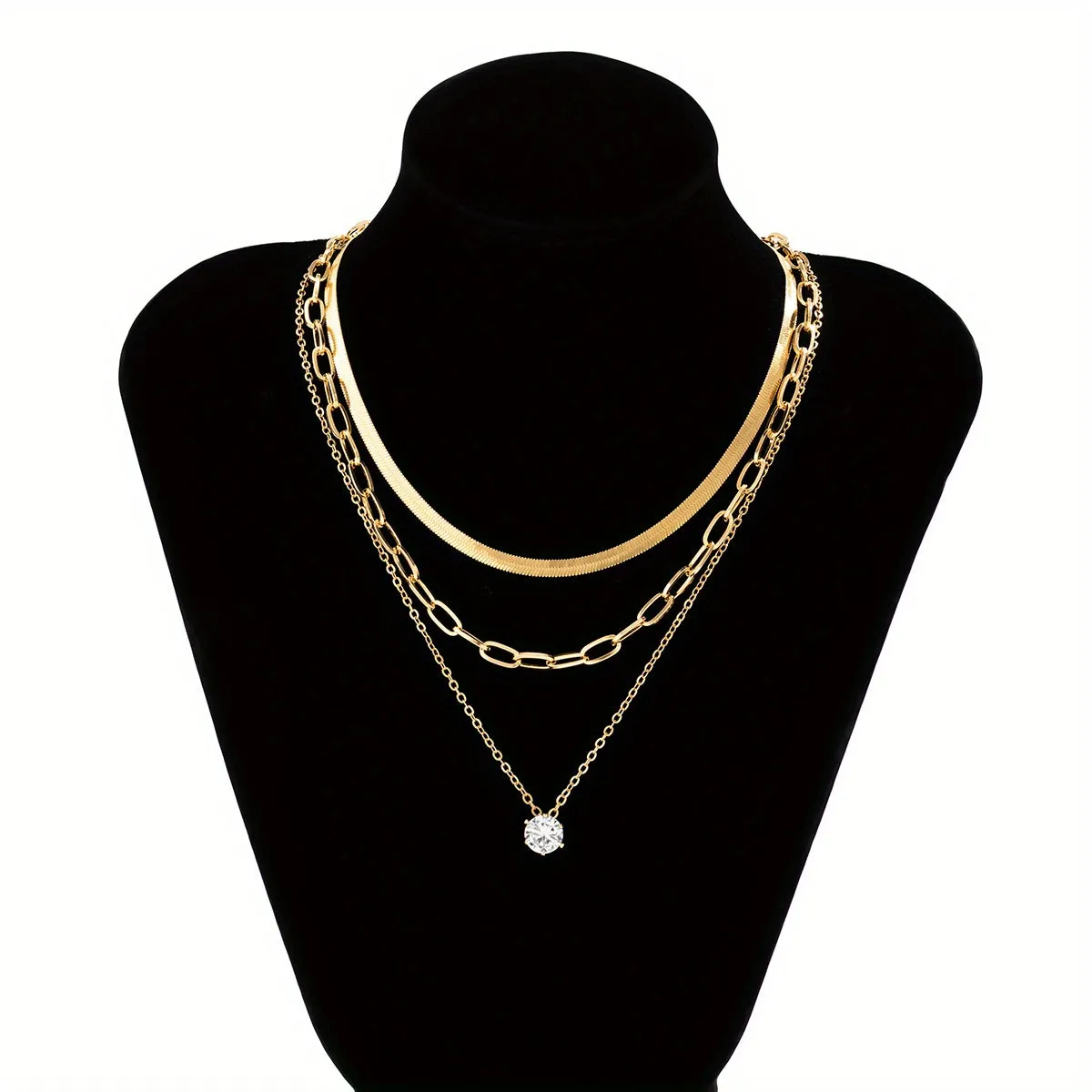 3pcs/Set Vintage Inlaid Zircon Love Triangle Pendant Flat Snake Copper Chain Multi-piece Necklace