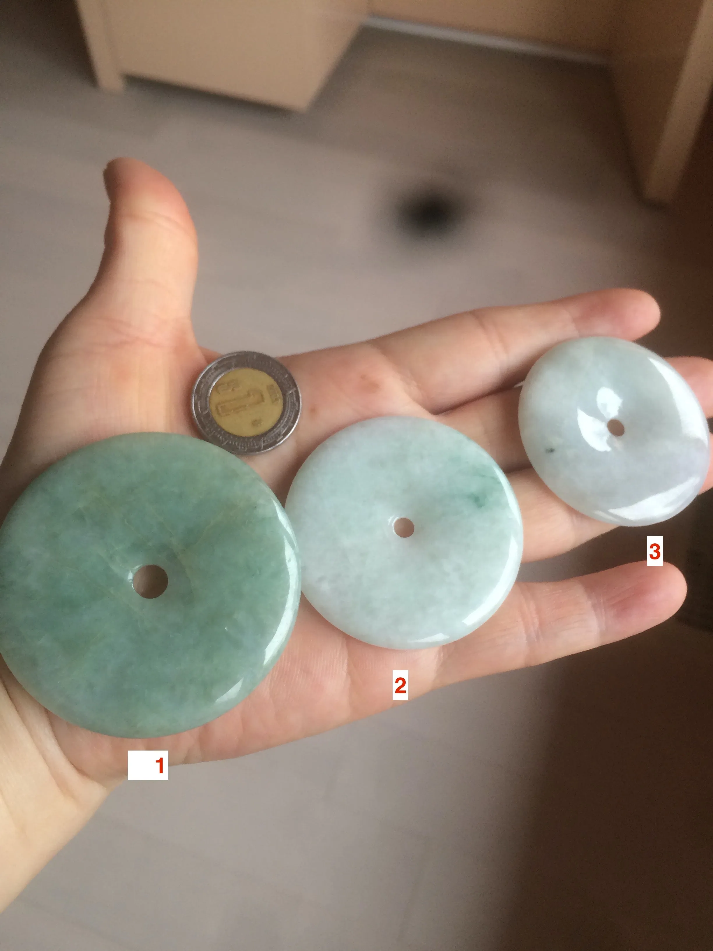 40.5-51mm Type A 100% Natural light green Jadeite Jade Safety Guardian Button donut Pendant/worry stone/car hanger group L103 (add on item)