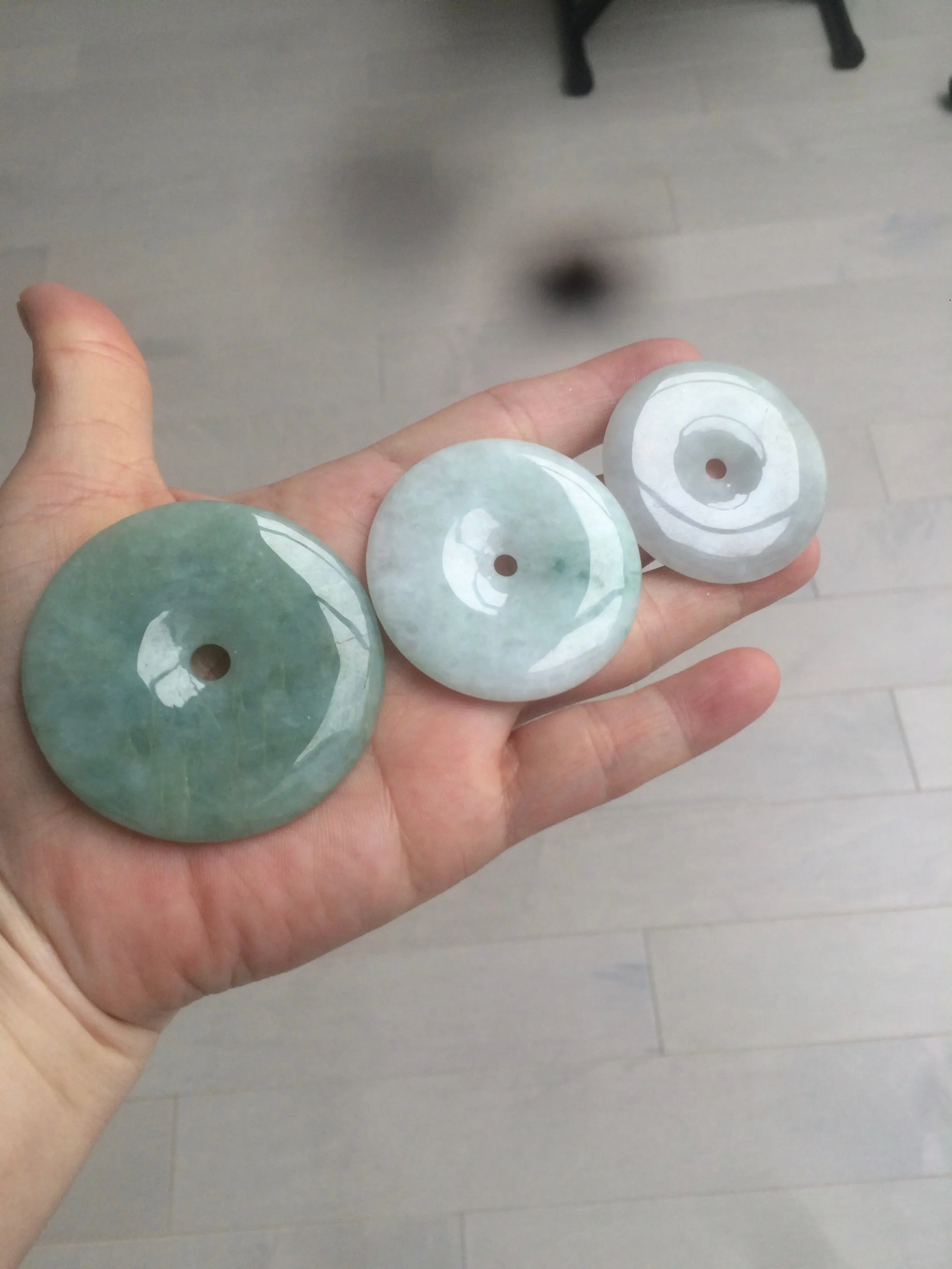 40.5-51mm Type A 100% Natural light green Jadeite Jade Safety Guardian Button donut Pendant/worry stone/car hanger group L103 (add on item)