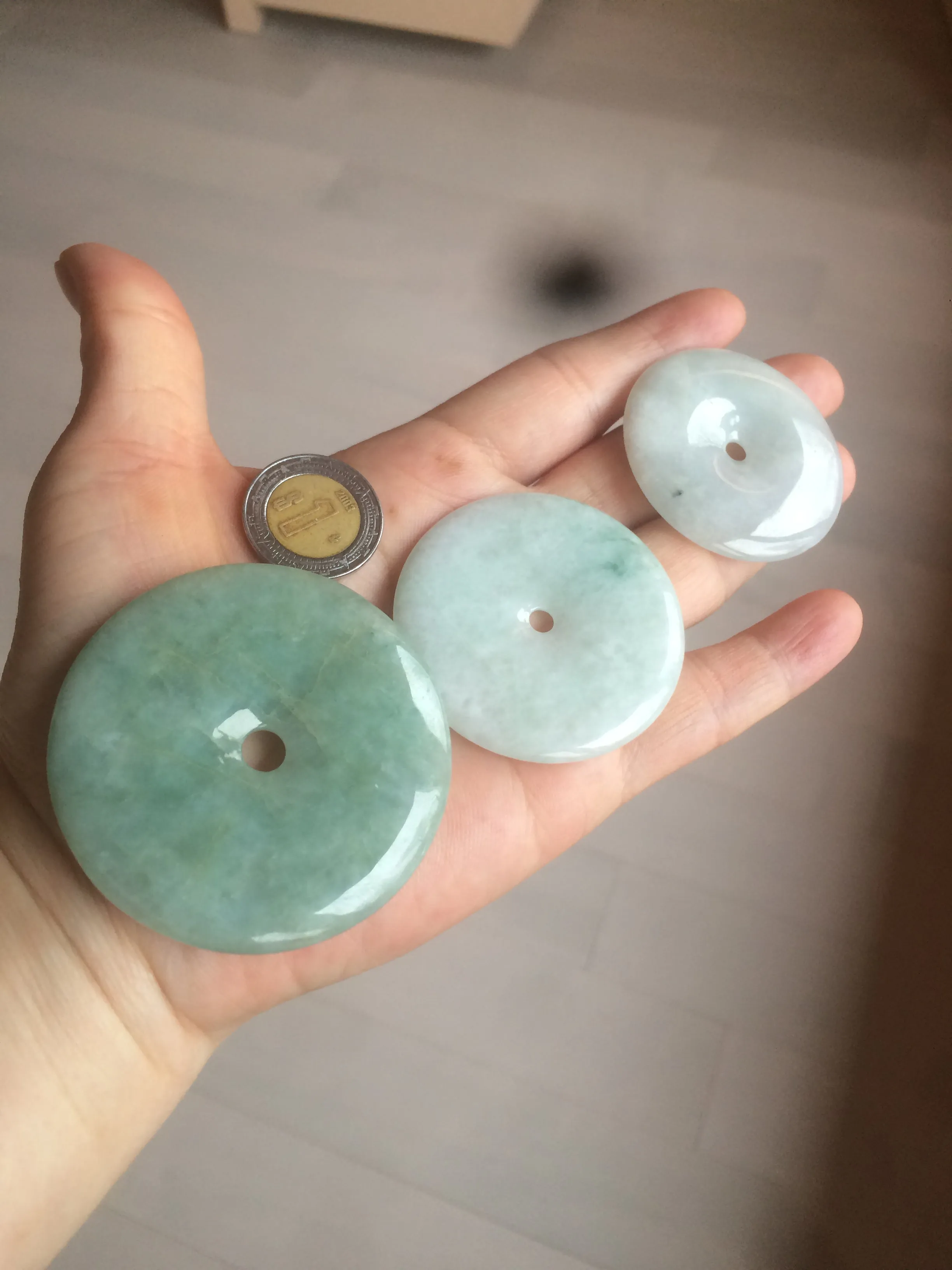 40.5-51mm Type A 100% Natural light green Jadeite Jade Safety Guardian Button donut Pendant/worry stone/car hanger group L103 (add on item)