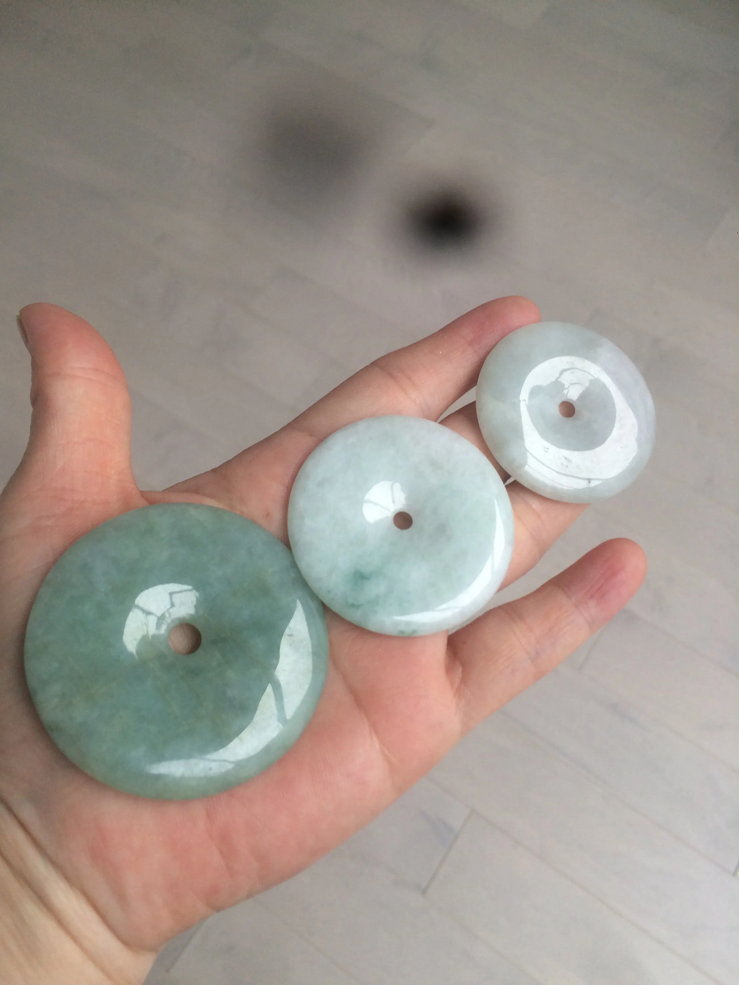 40.5-51mm Type A 100% Natural light green Jadeite Jade Safety Guardian Button donut Pendant/worry stone/car hanger group L103 (add on item)