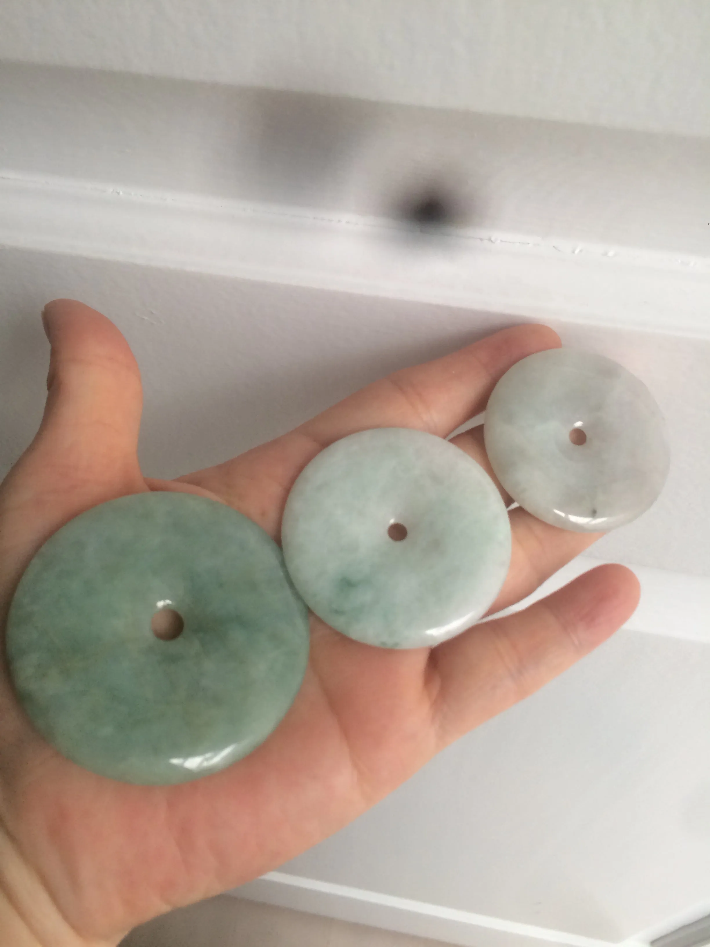 40.5-51mm Type A 100% Natural light green Jadeite Jade Safety Guardian Button donut Pendant/worry stone/car hanger group L103 (add on item)