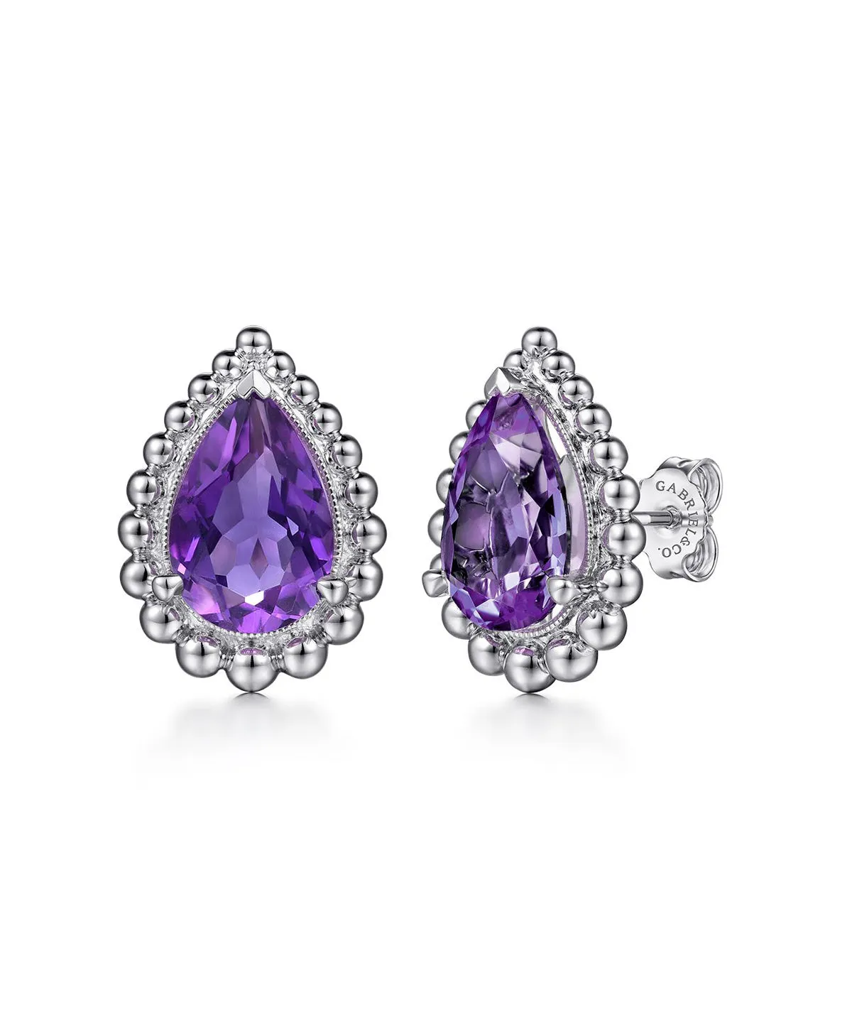 925 Sterling Silver Amethyst Bujukan Pear Shape Stud Earrings With Pattern