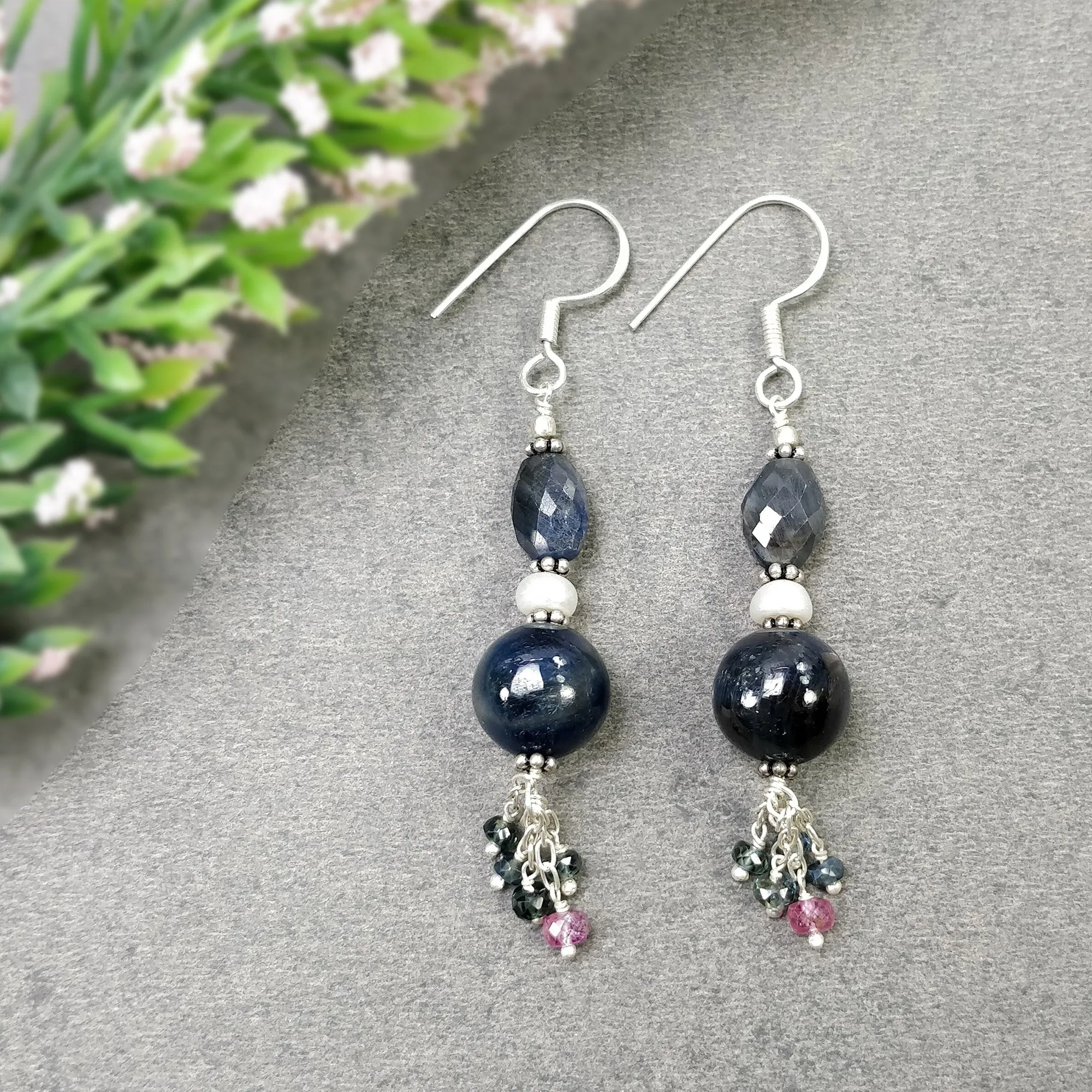 925 Sterling Silver Blue Pink SAPPHIRE Gemstone Faceted Beaded Earrings : 10.450gms Natural Drop Dangle Hook Earrings 2.5"