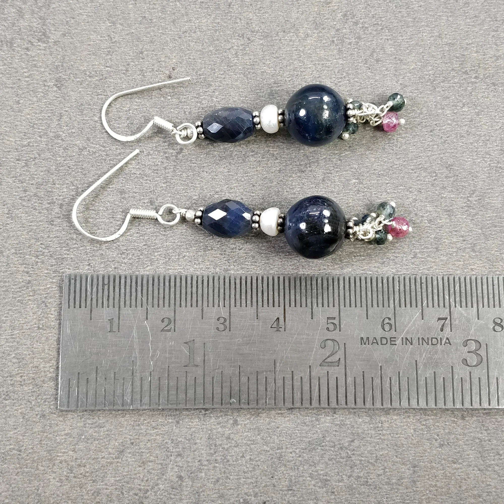 925 Sterling Silver Blue Pink SAPPHIRE Gemstone Faceted Beaded Earrings : 10.450gms Natural Drop Dangle Hook Earrings 2.5"