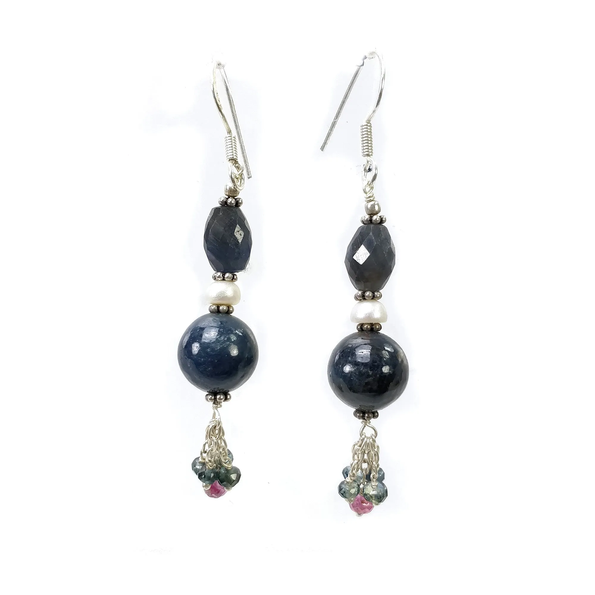 925 Sterling Silver Blue Pink SAPPHIRE Gemstone Faceted Beaded Earrings : 10.450gms Natural Drop Dangle Hook Earrings 2.5"