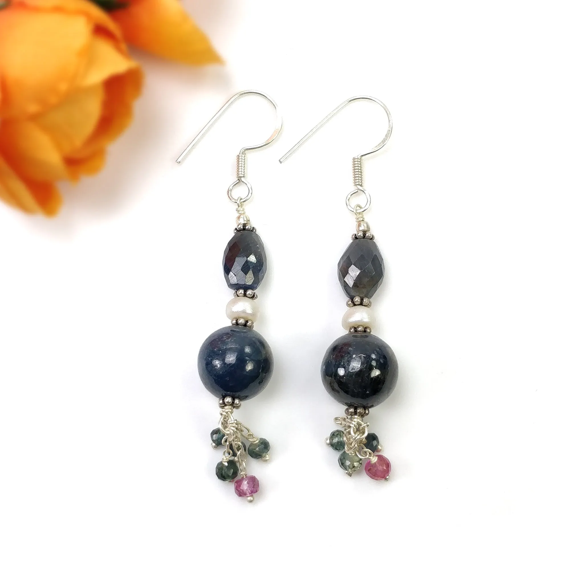 925 Sterling Silver Blue Pink SAPPHIRE Gemstone Faceted Beaded Earrings : 10.450gms Natural Drop Dangle Hook Earrings 2.5"