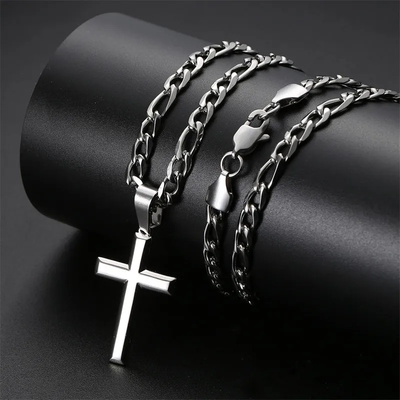 925 Sterling Silver Cross Pendant Necklace for Men Women 5mm Stainless Steel Diamond-Cut Durable Figaro Chain Necklace