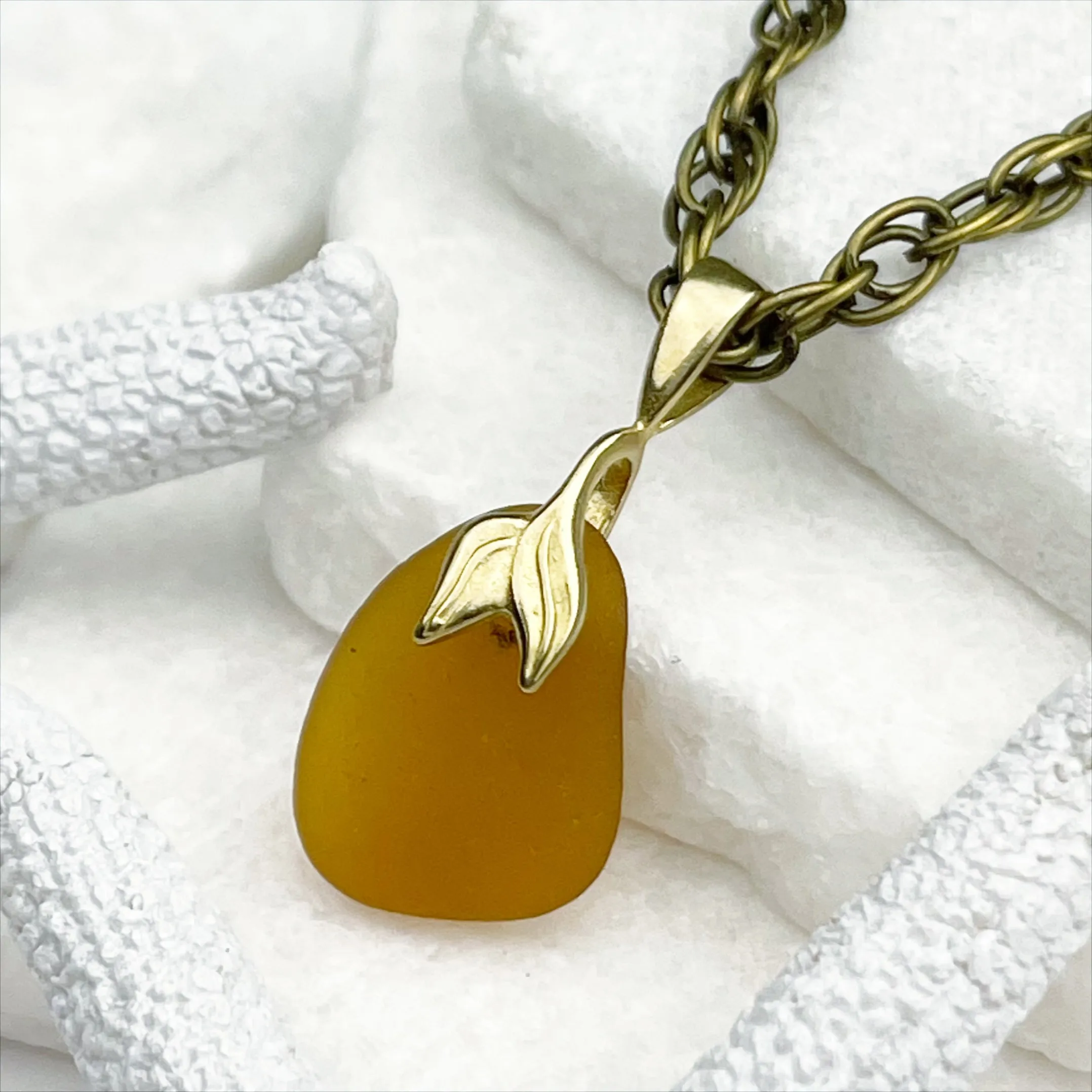 Amber Sea Glass Pendant with Bronze Mermaid Tail | #5049