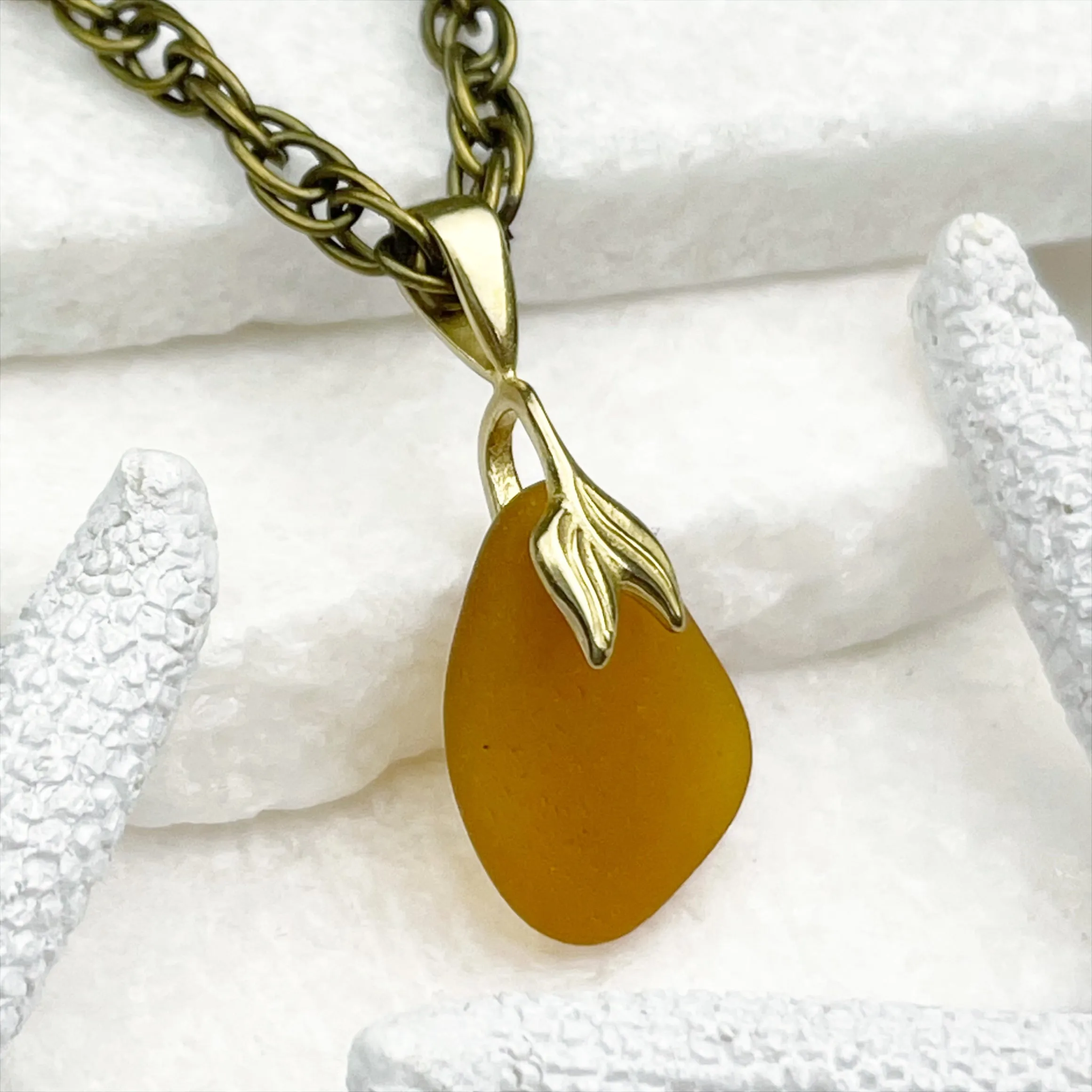 Amber Sea Glass Pendant with Bronze Mermaid Tail | #5049