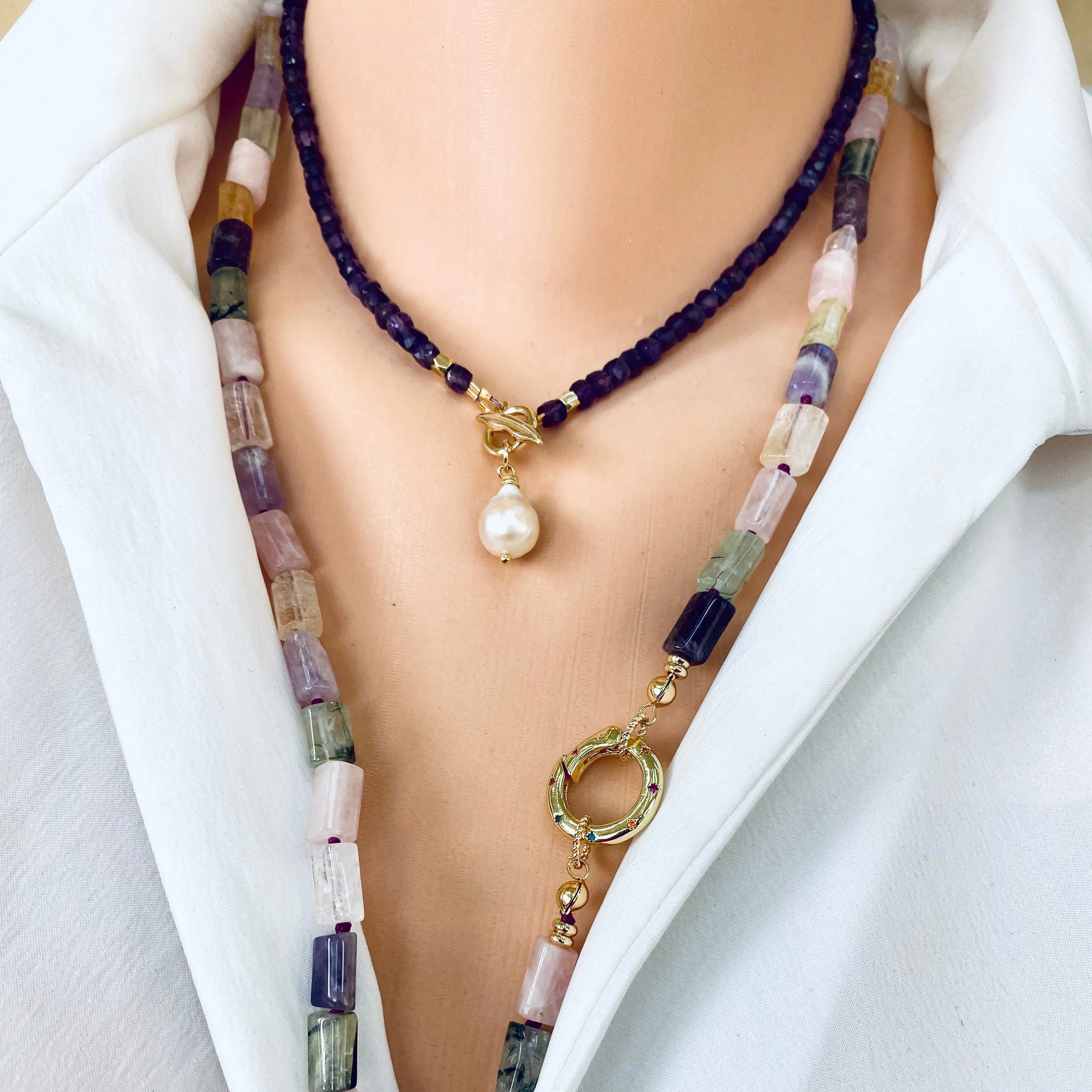 Amethyst Toggle Necklace with Baroque Pearl Pendant, Gold Plated, February Birthstone, 16in