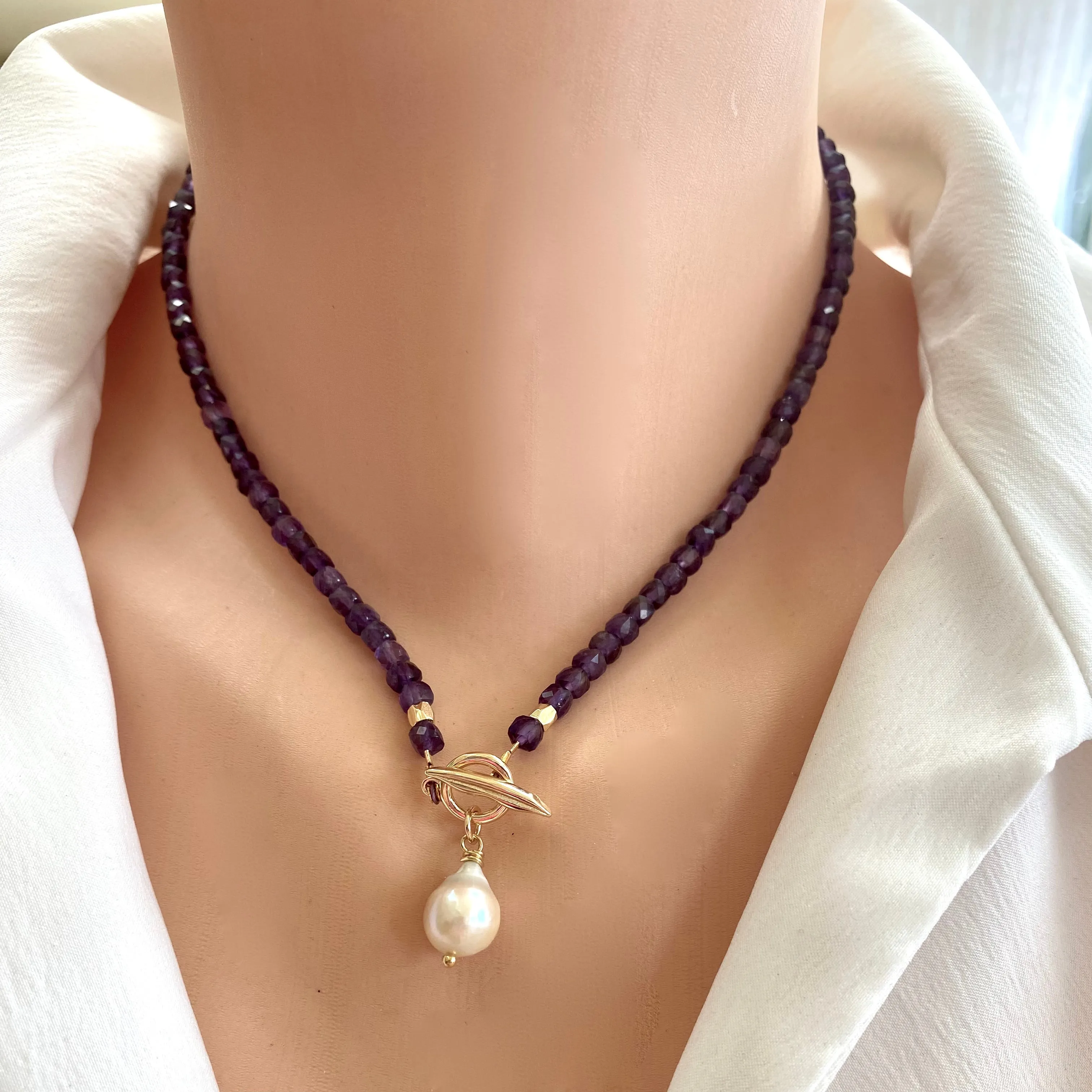 Amethyst Toggle Necklace with Baroque Pearl Pendant, Gold Plated, February Birthstone, 16in