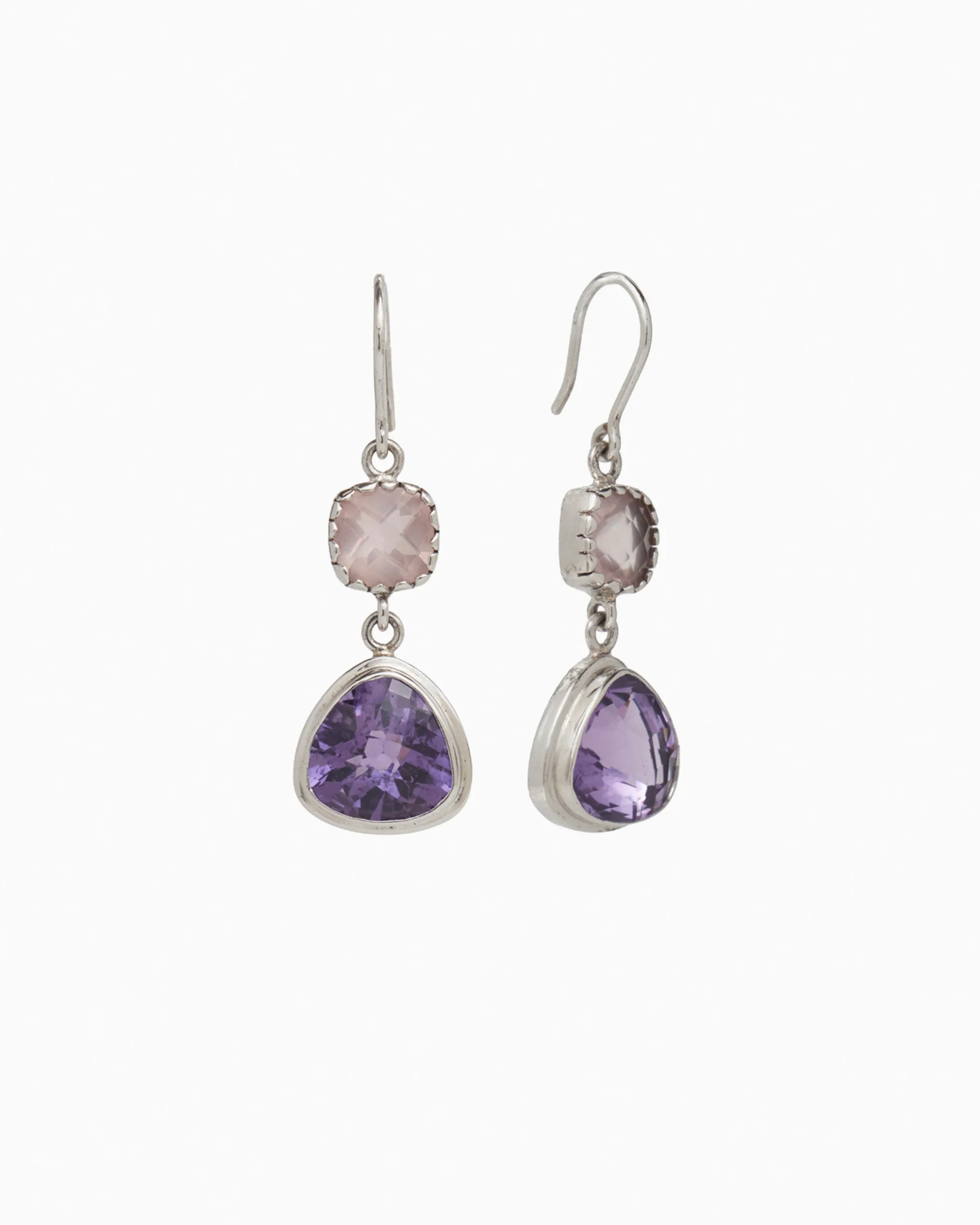 Angelfish Double Stone Drop Earrings - Amethyst/Rose Quartz