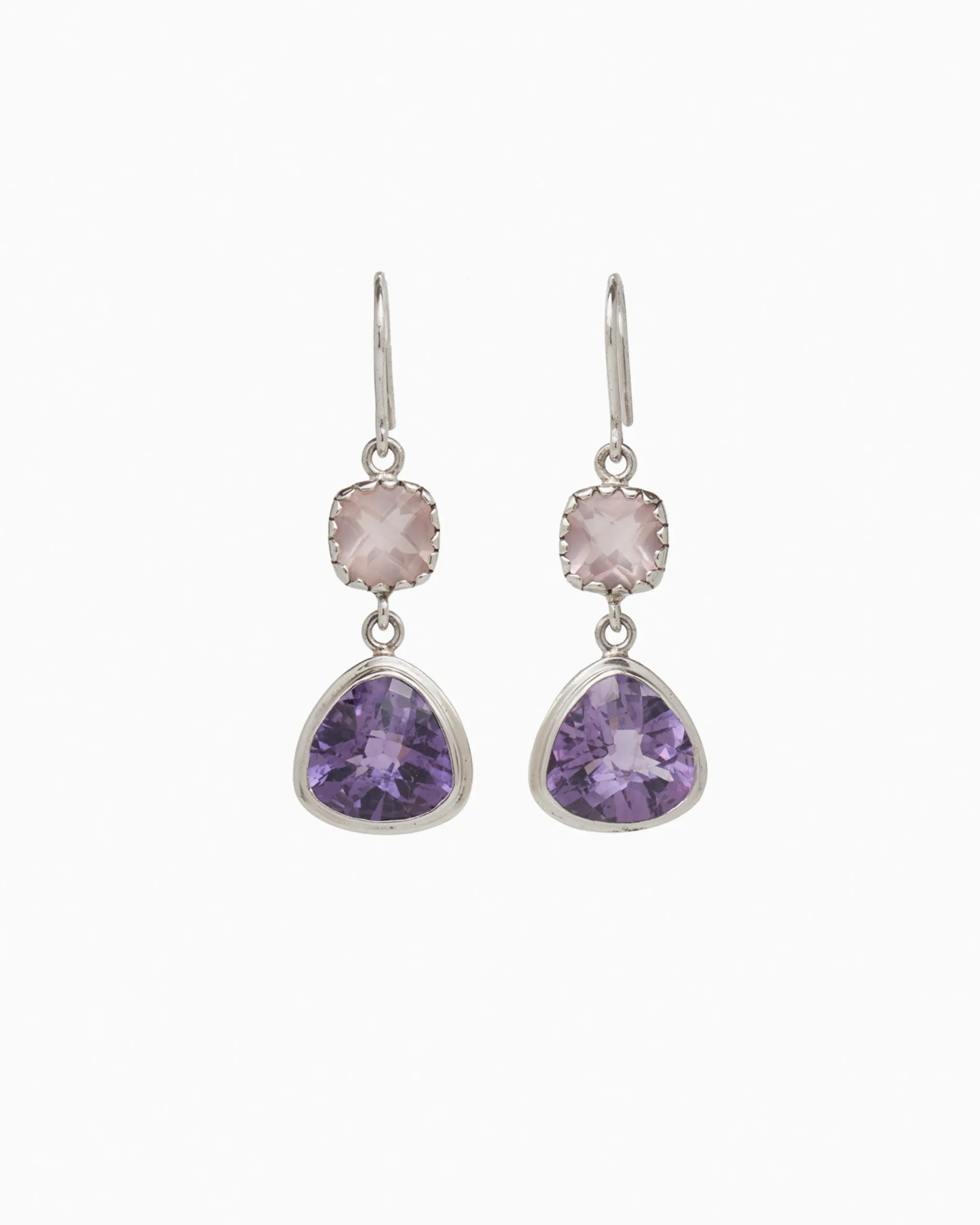 Angelfish Double Stone Drop Earrings - Amethyst/Rose Quartz