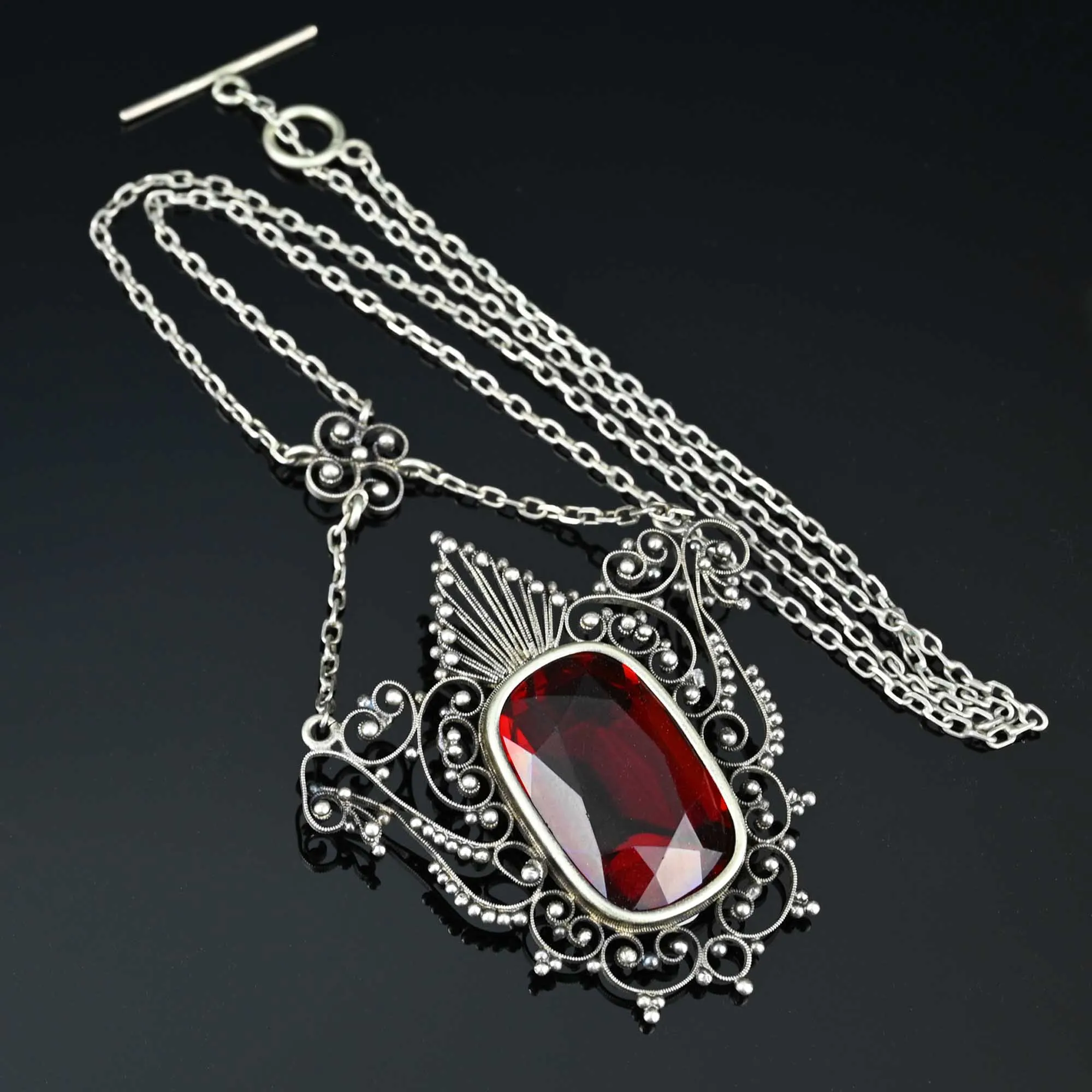 Antique Ruby Crystal Silver Filigree Necklace