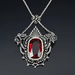 Antique Ruby Crystal Silver Filigree Necklace