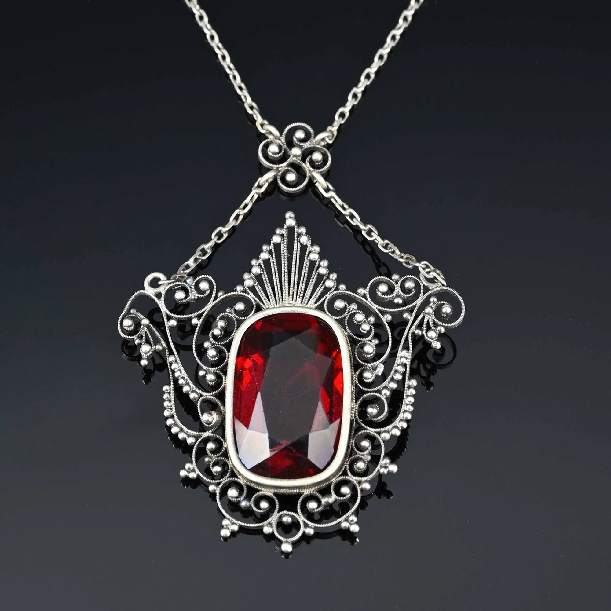 Antique Ruby Crystal Silver Filigree Necklace