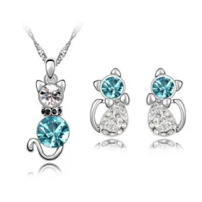 Austrian Crystal Cat Necklace & Earrings Fashion Jewelry Set