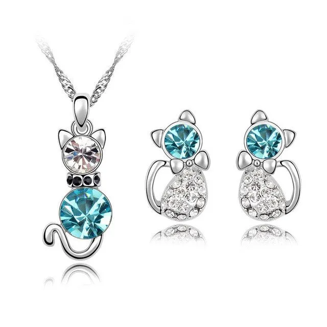 Austrian Crystal Cat Necklace & Earrings Fashion Jewelry Set